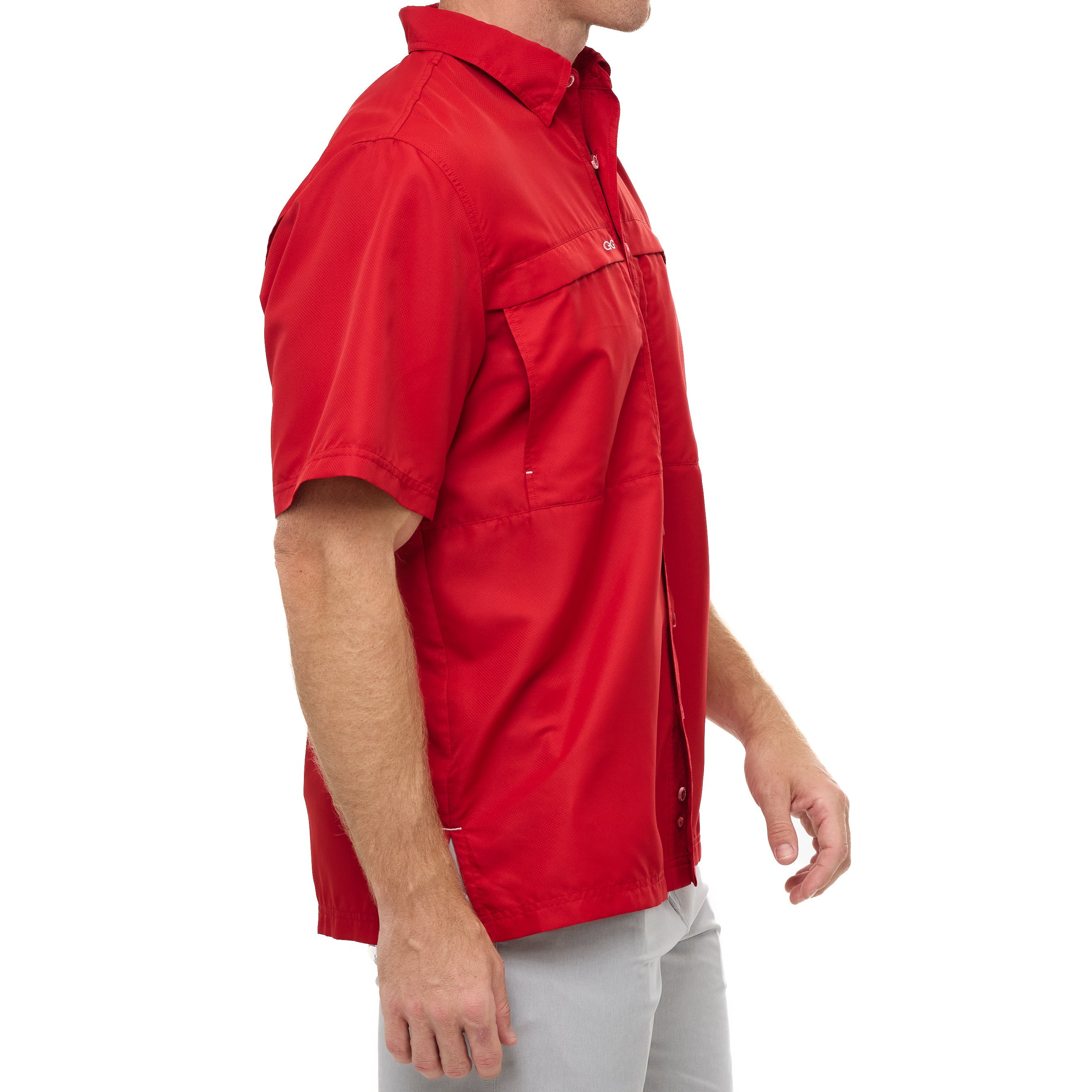 Red short-sleeve shirt worn by a person on a white background