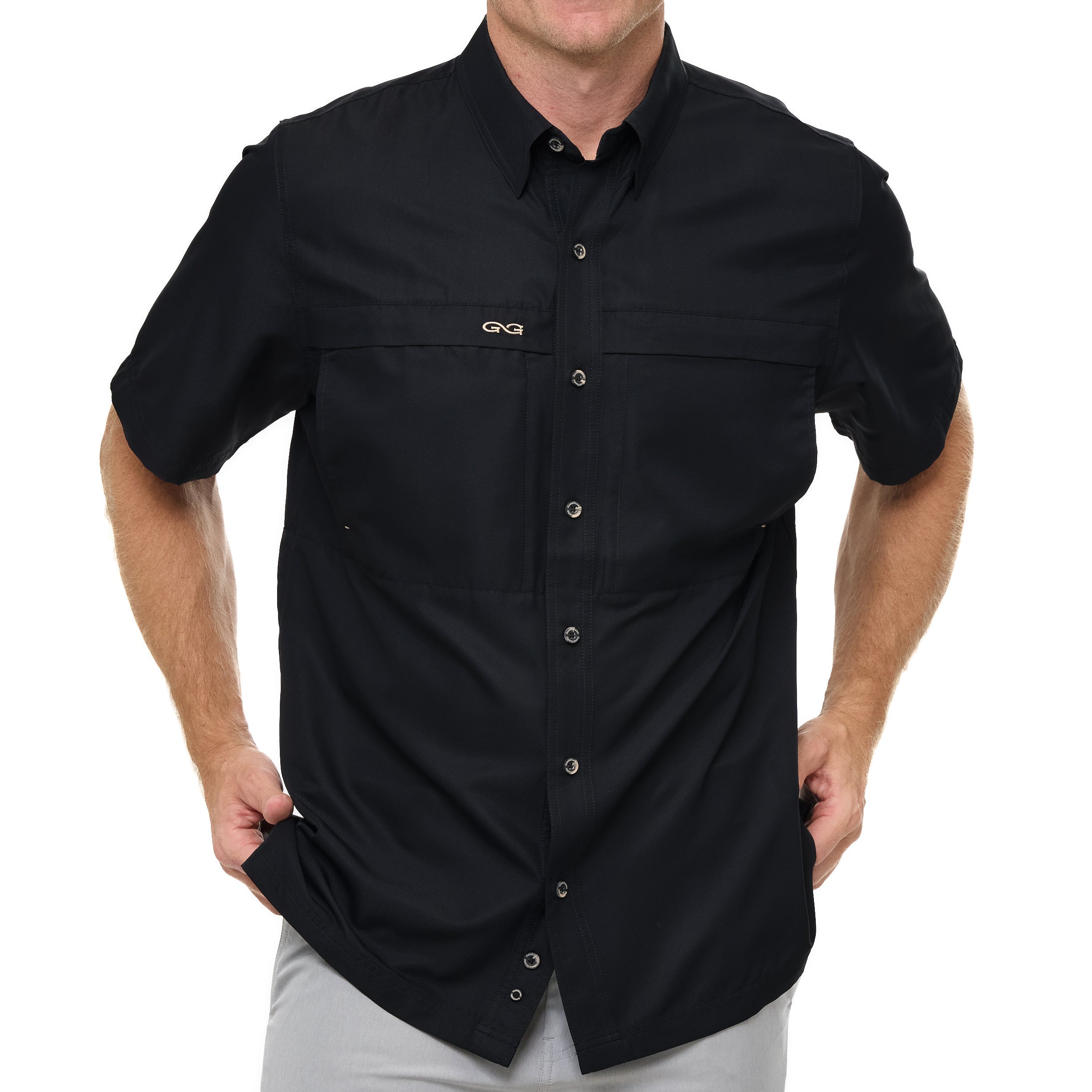 Black short-sleeve shirt with button details on a white background