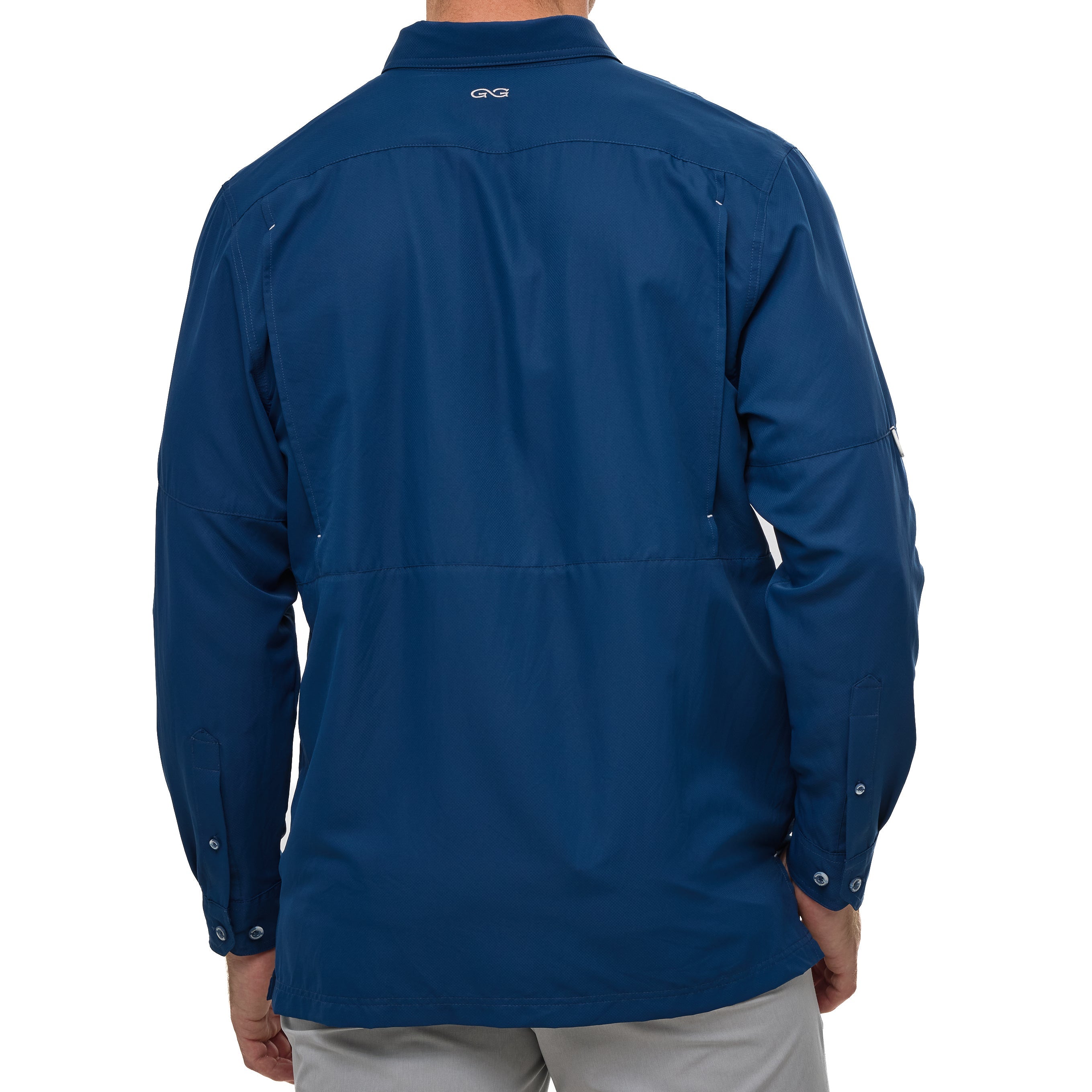 Blue shirt with a brand logo on the back, displayed on a white background
