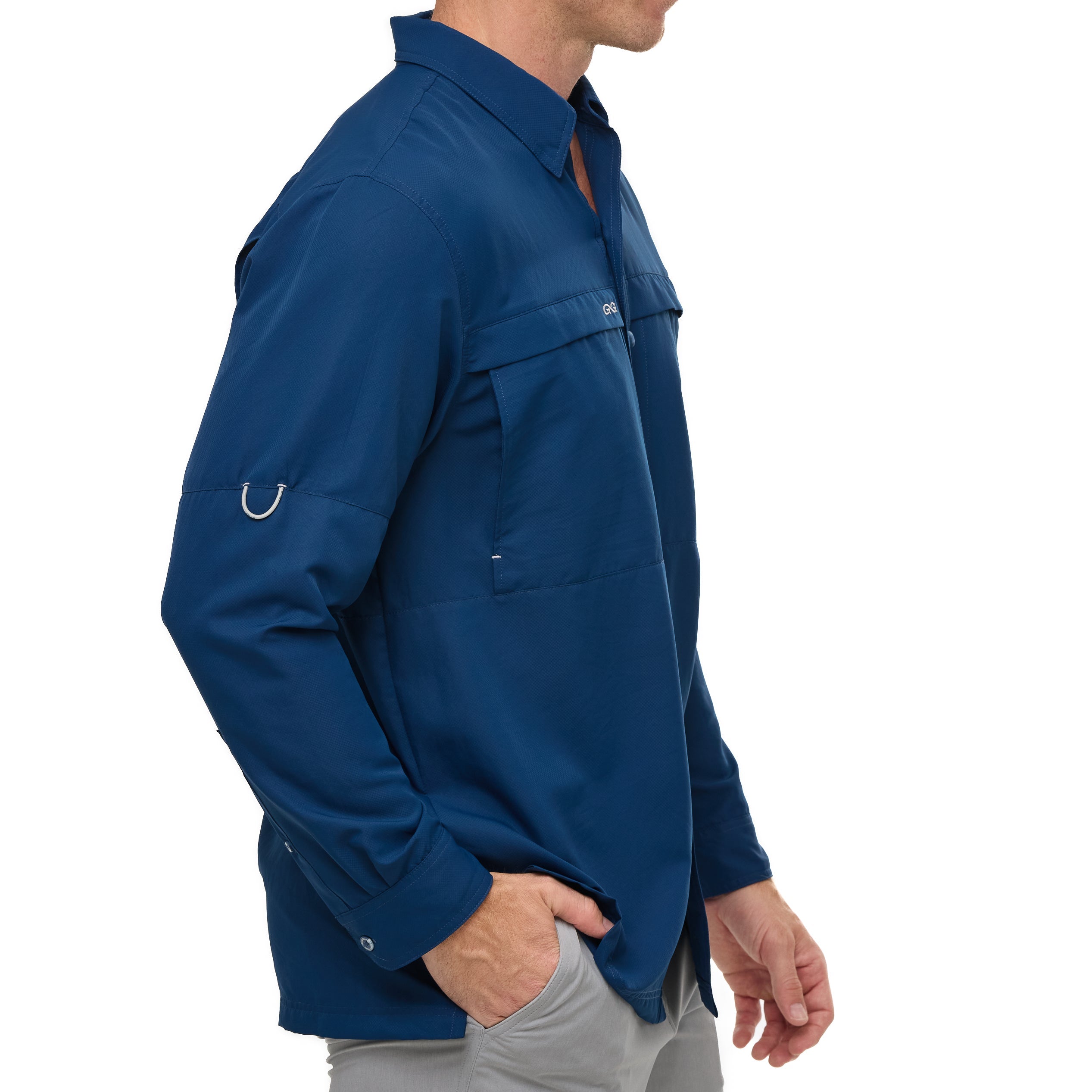Blue shirt worn by a person on a white background