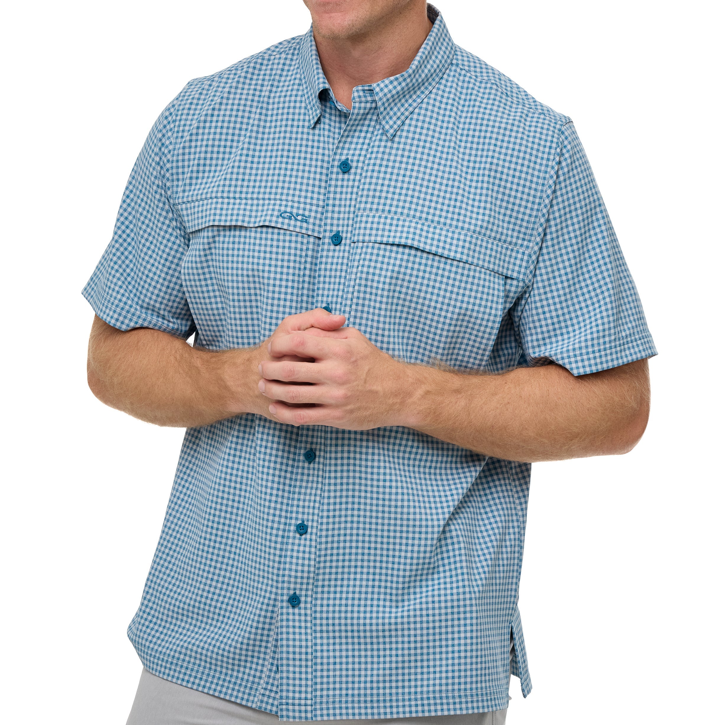 Man wearing a blue checkered shirt on a white background