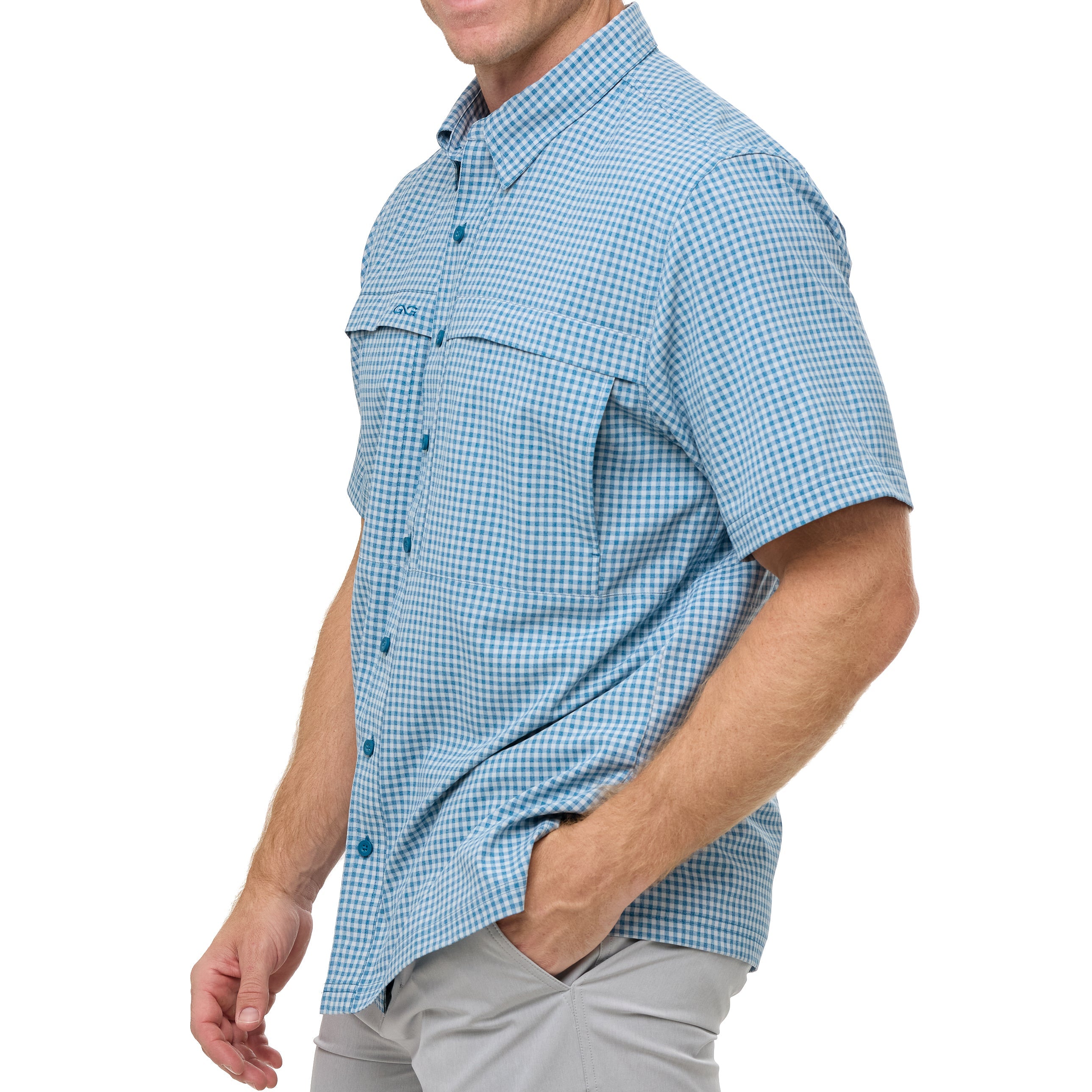 Man wearing a blue checkered short-sleeve shirt on a white background