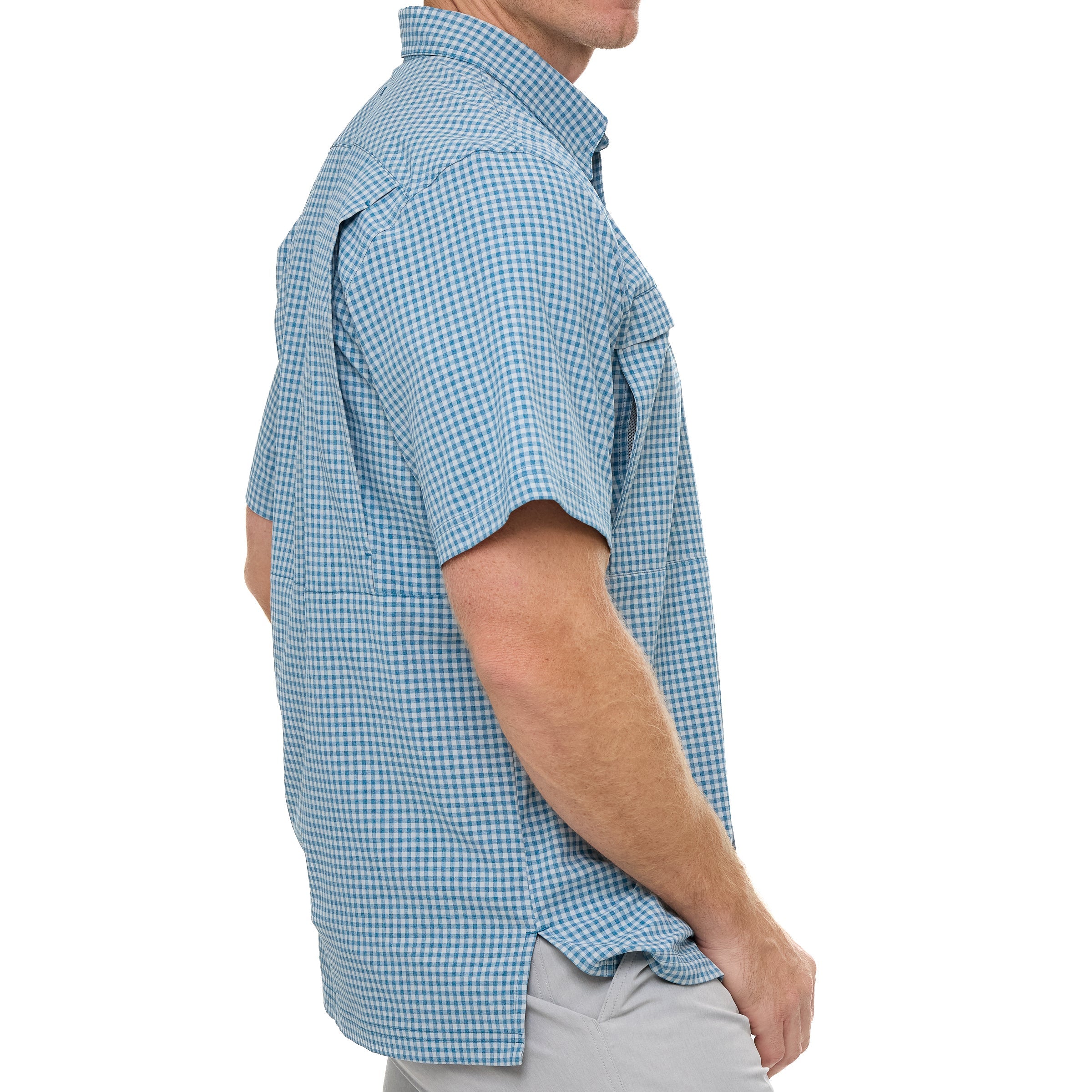 Man wearing a blue checkered shirt on a white background