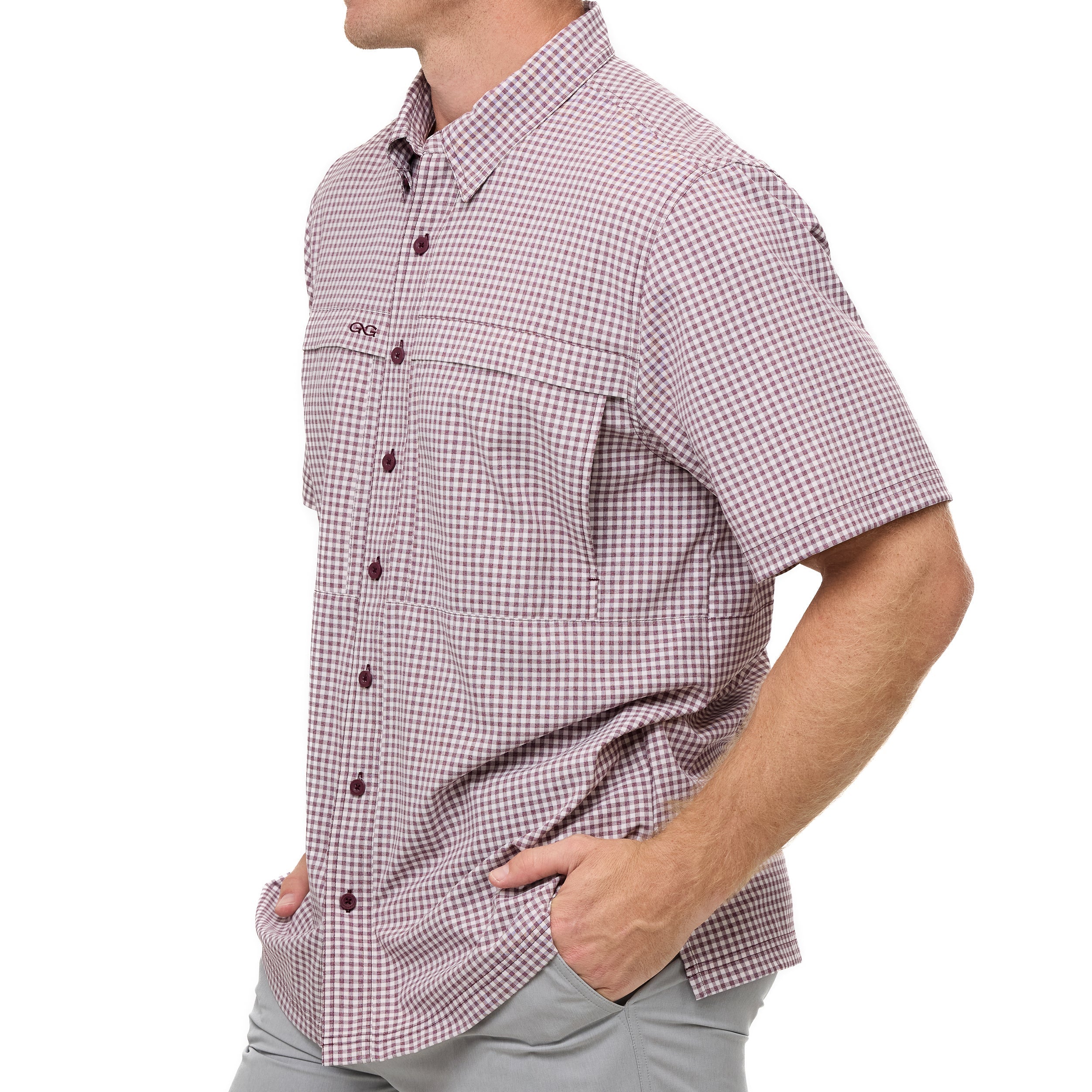 Man wearing a red and white checkered shirt on a white background