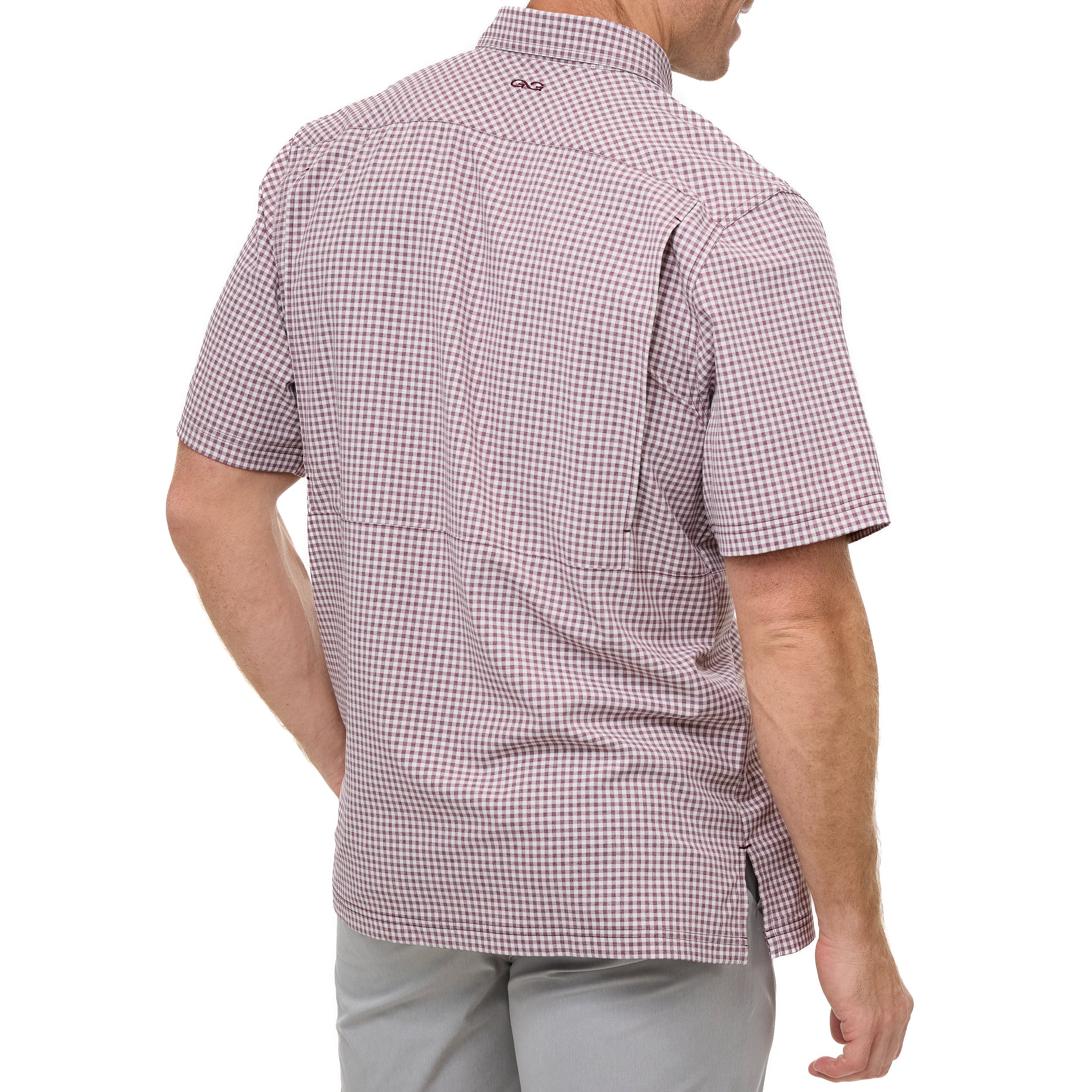 Man wearing a red and white checkered shirt on a white background