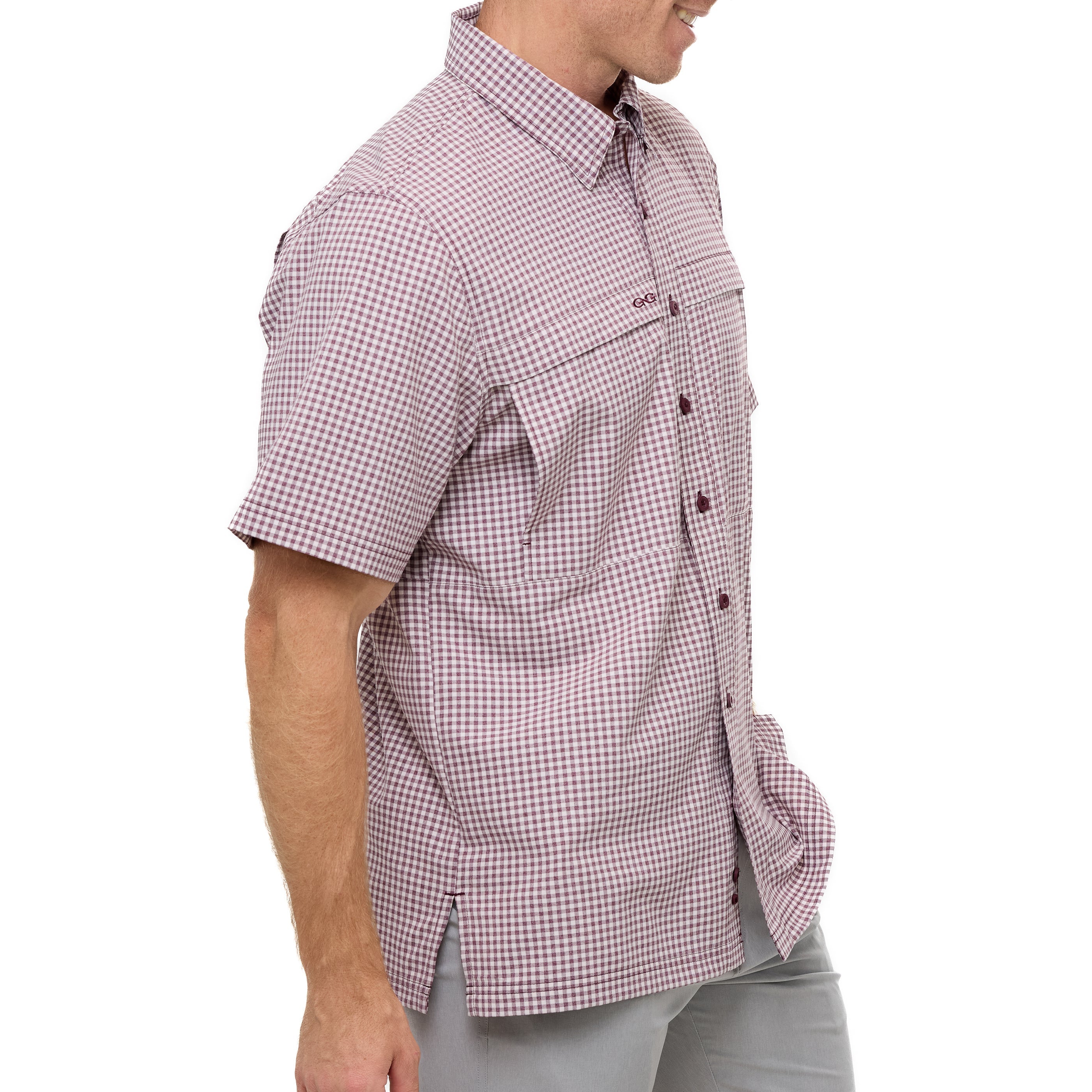 Person wearing a red and white checkered shirt on a white background