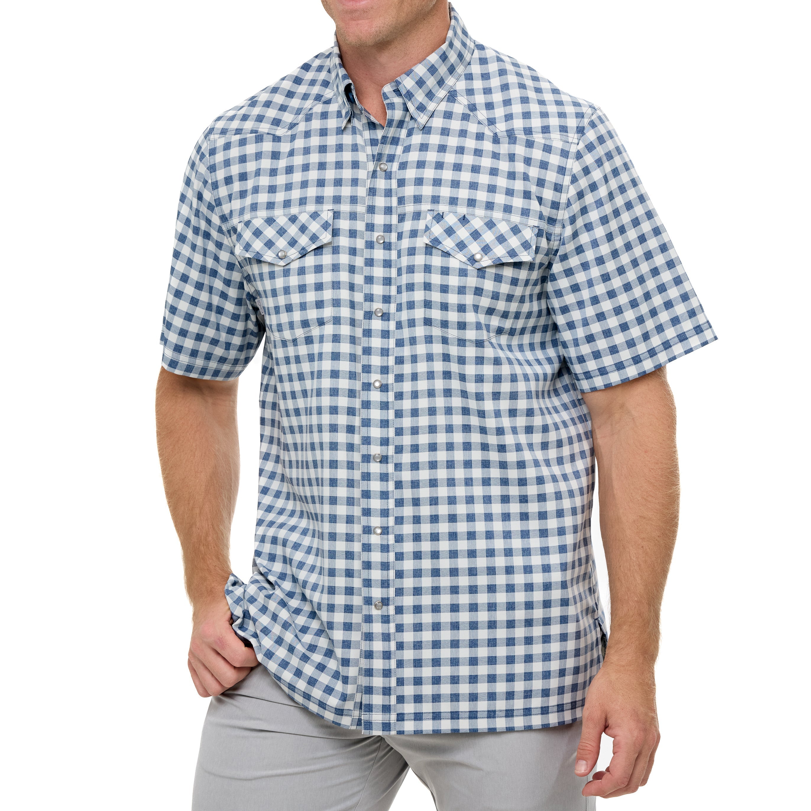 Man wearing a blue and white checkered short-sleeve shirt on a white background