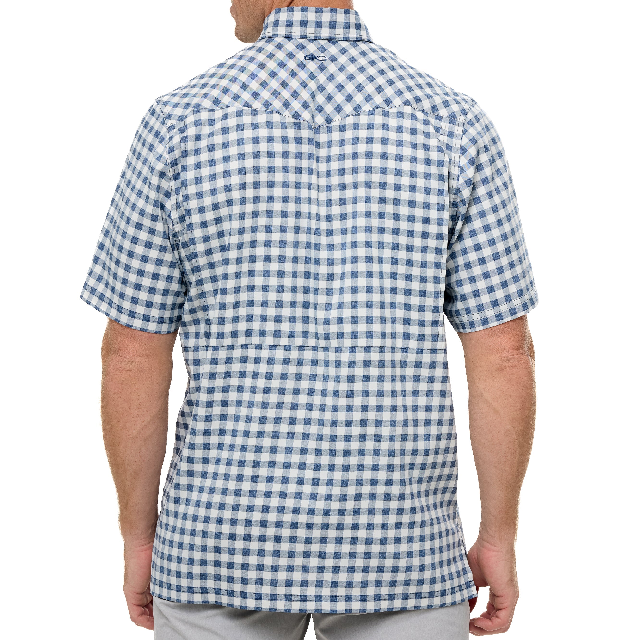 Blue and white checkered shirt worn by a person on a white background