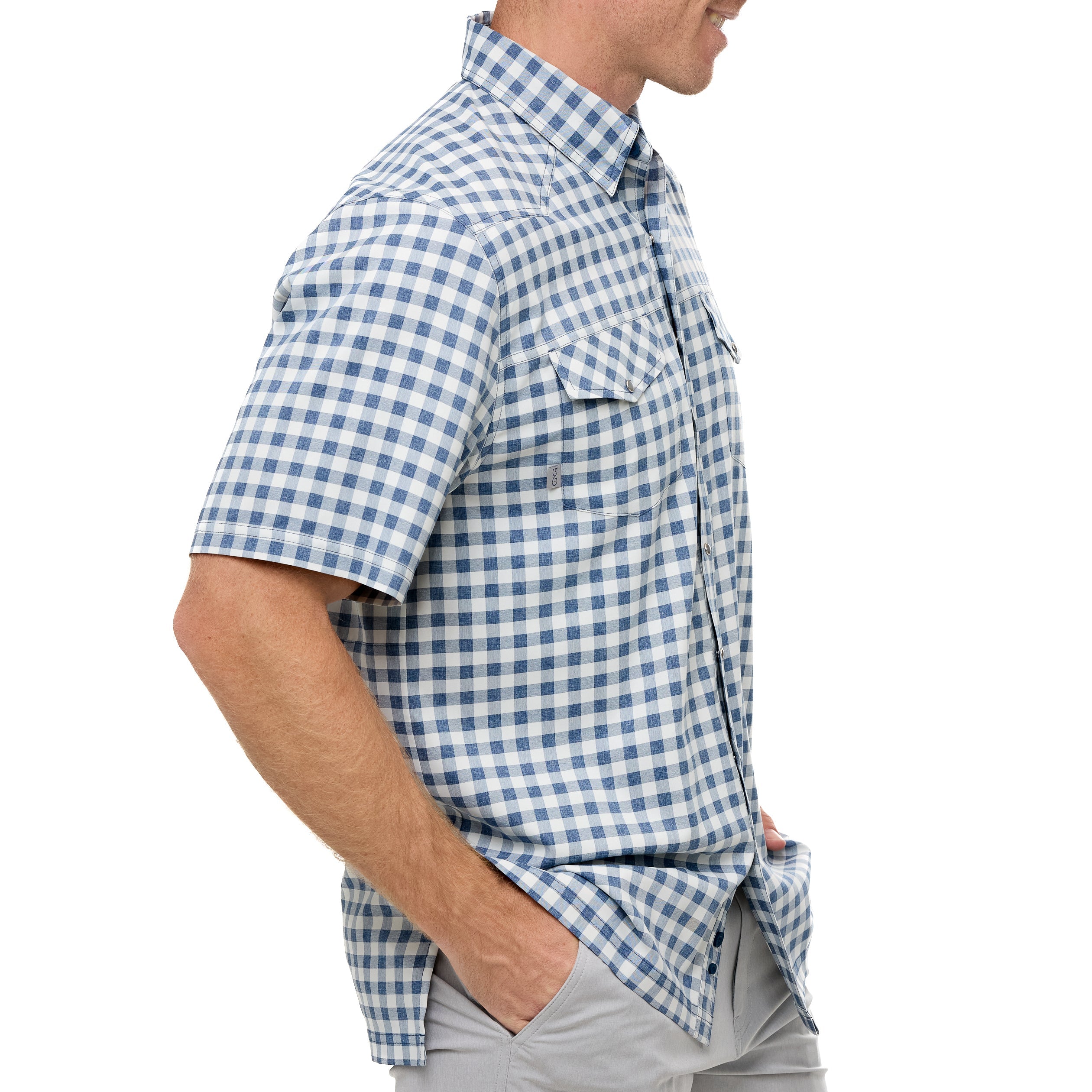 Person wearing a blue and white checkered shirt on a white background
