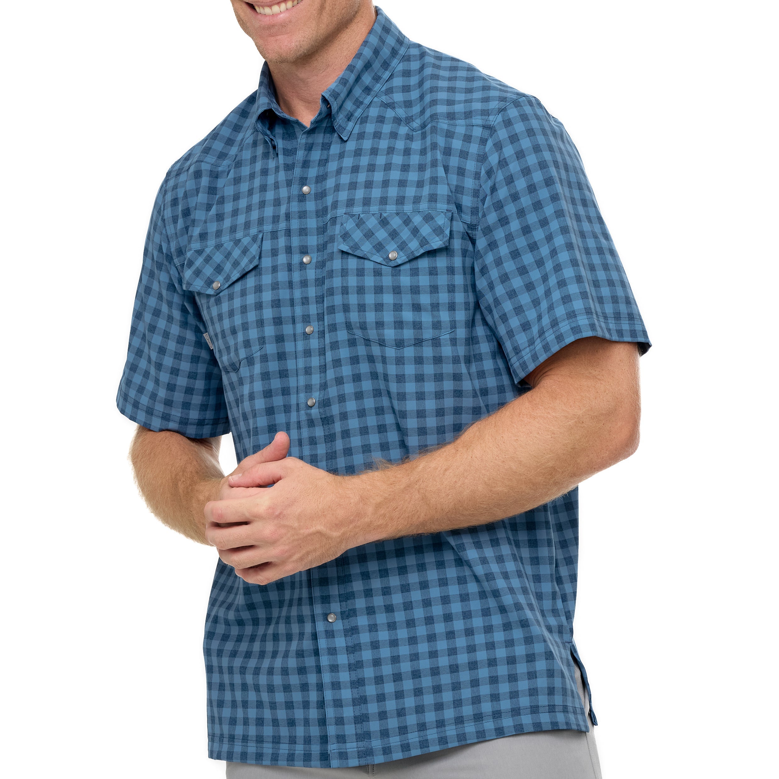 Man wearing a blue checkered shirt on a white background