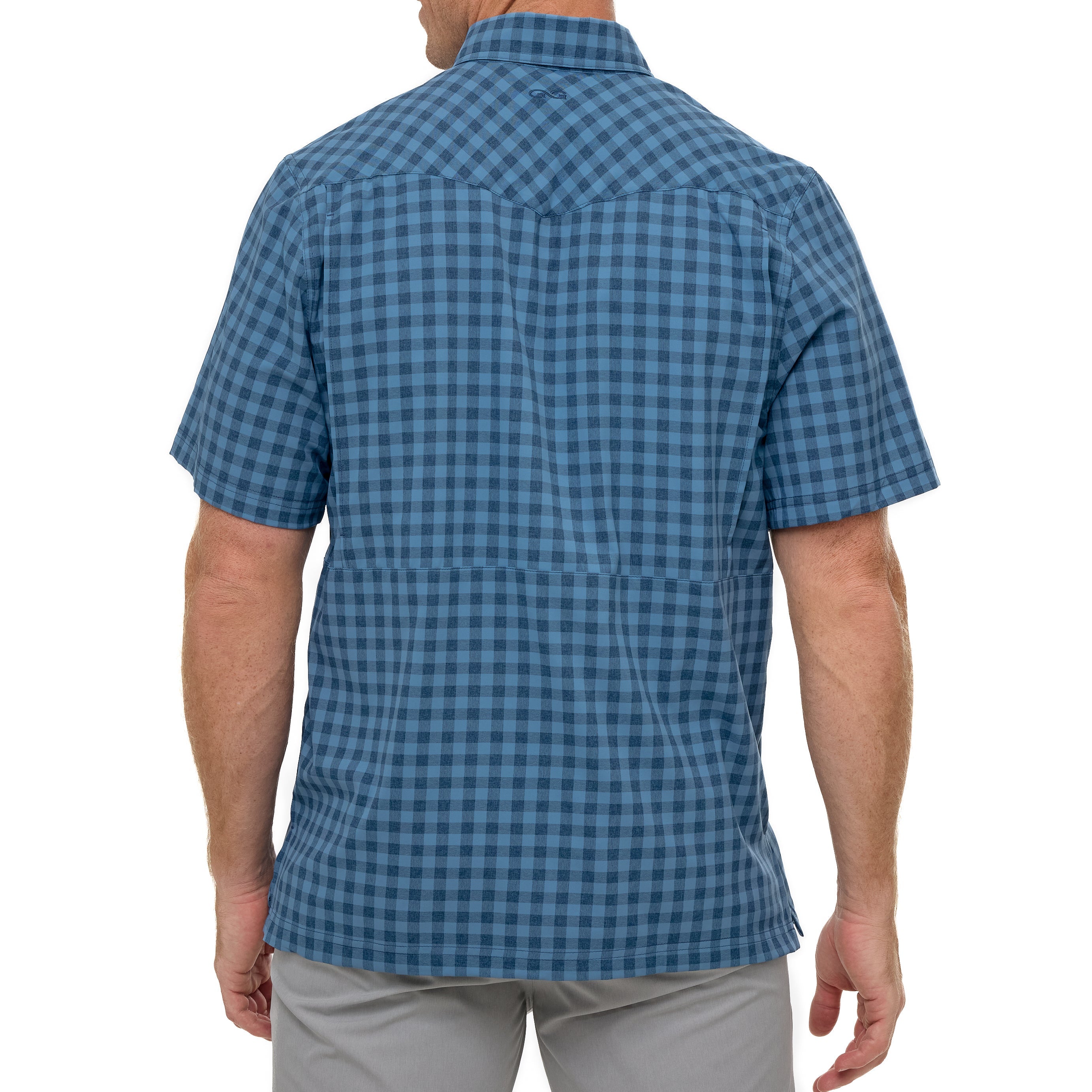 Person wearing a blue checkered shirt on a white background