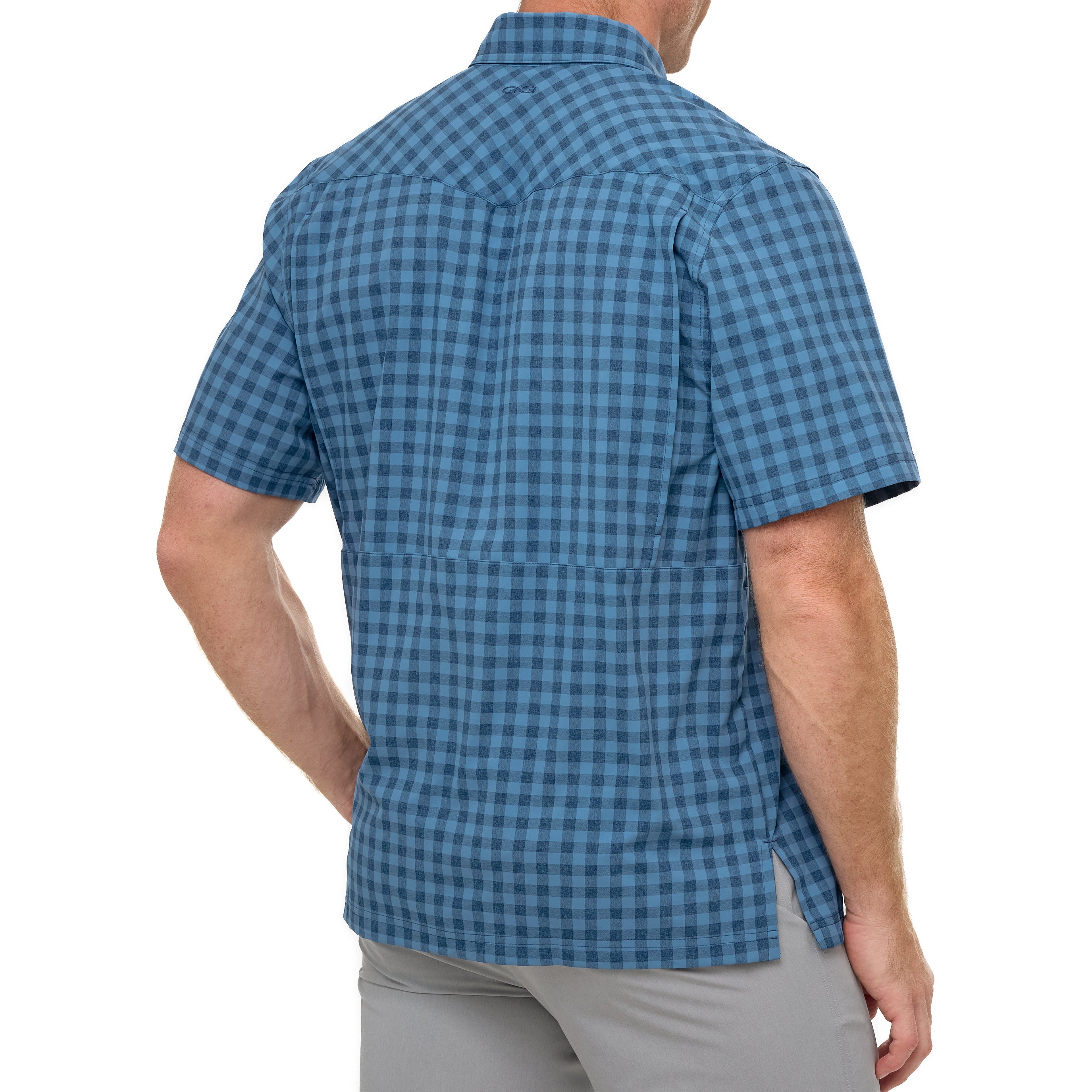 Blue checkered shirt worn by a person on a white background