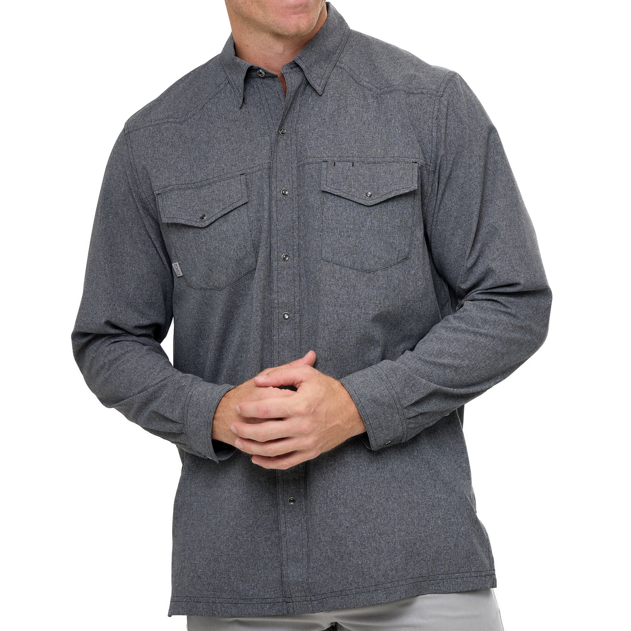 Gray flannel shirt worn by a person on a white background