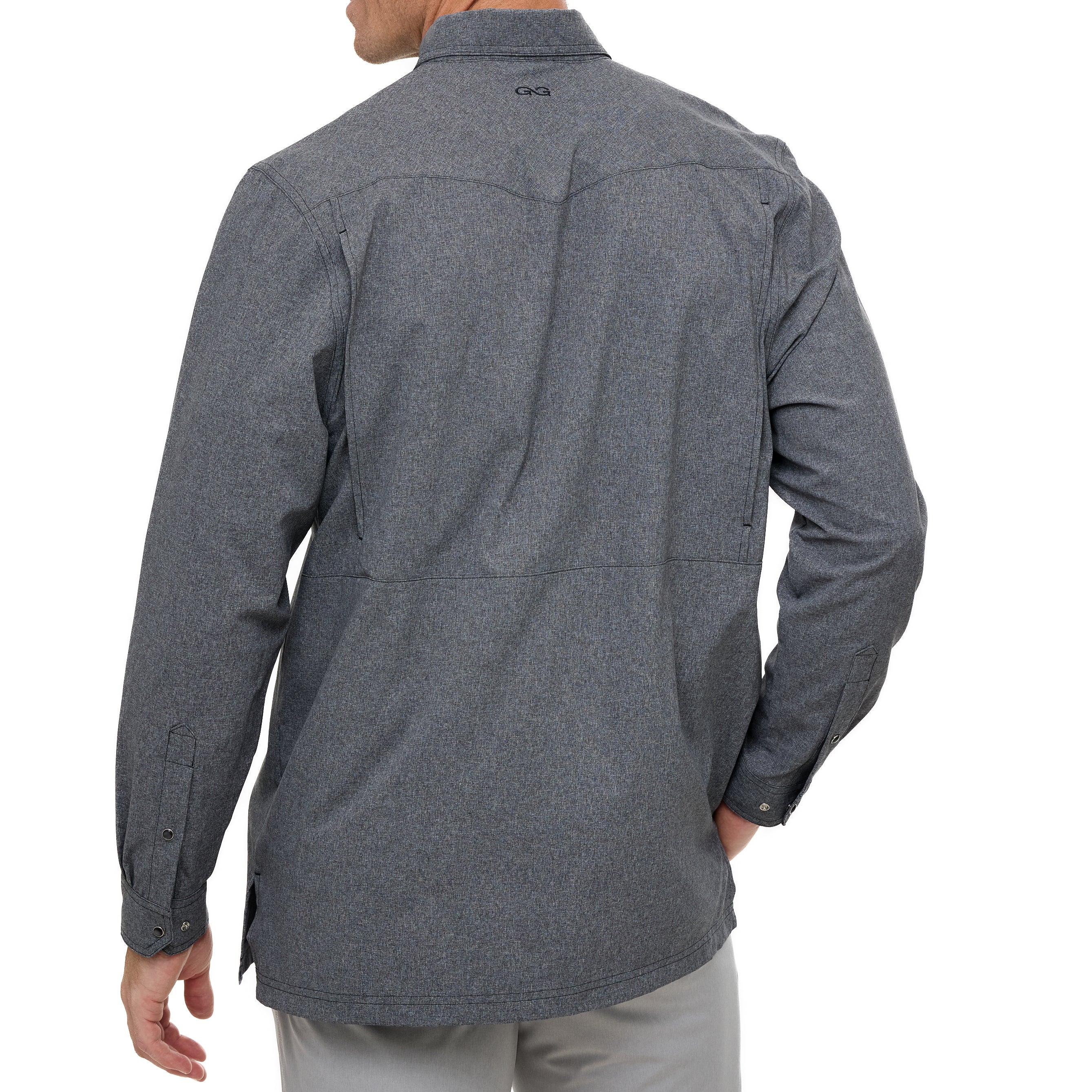 Gray jacket worn by a person on a white background