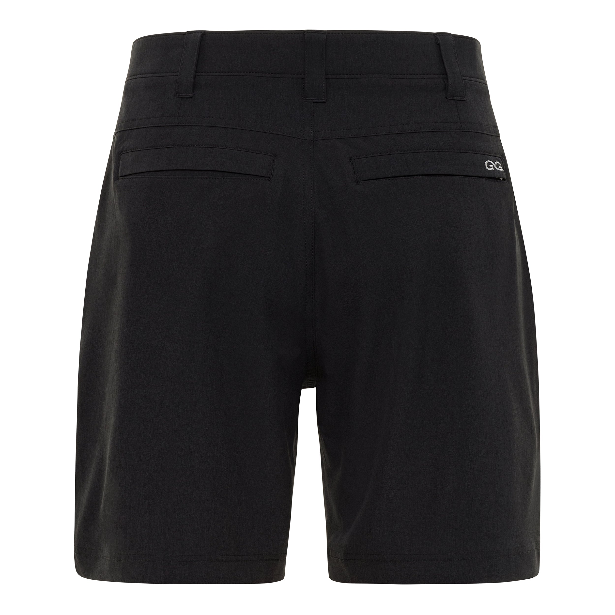 Black shorts with a brand logo on a white background