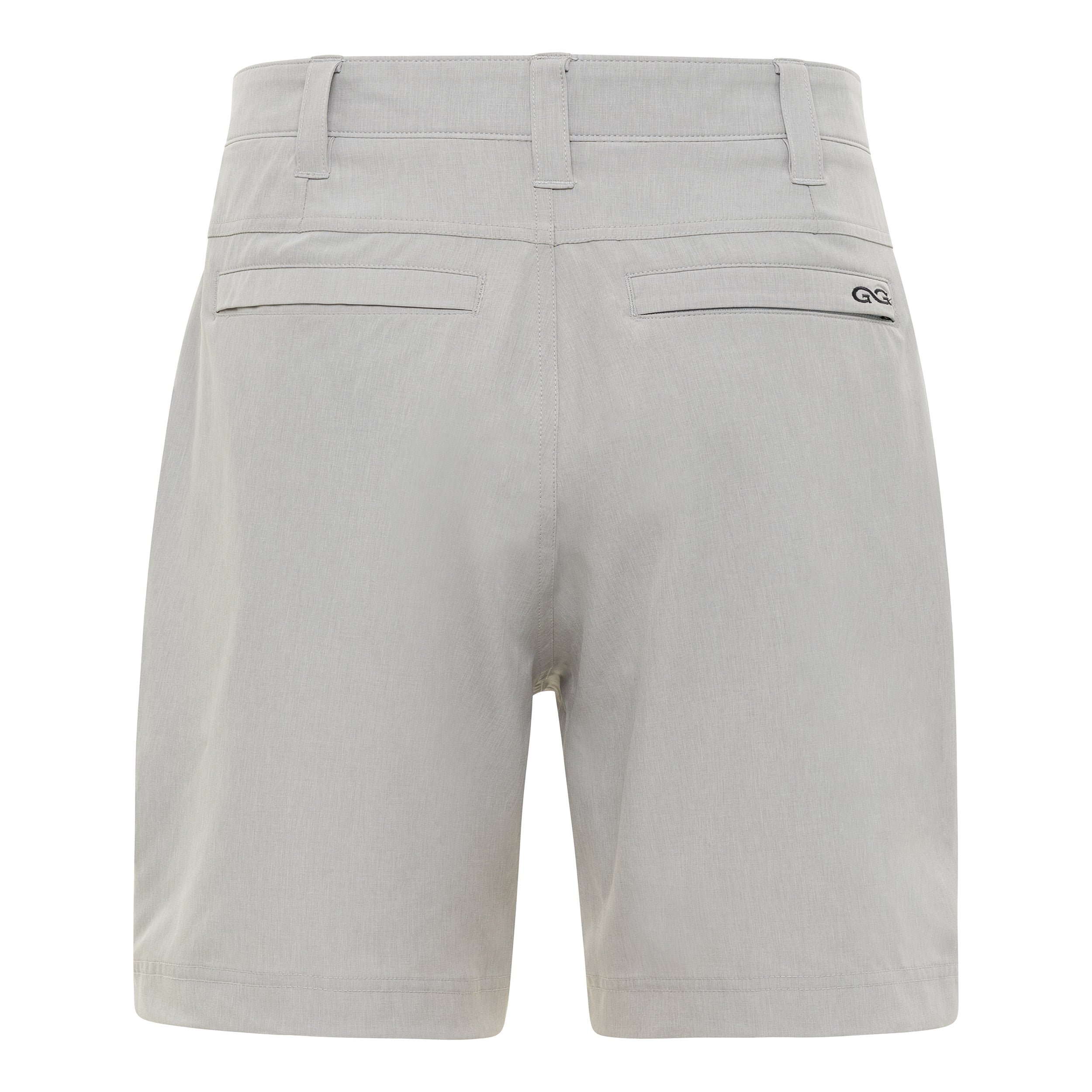 Light gray shorts with a brand logo on a white background
