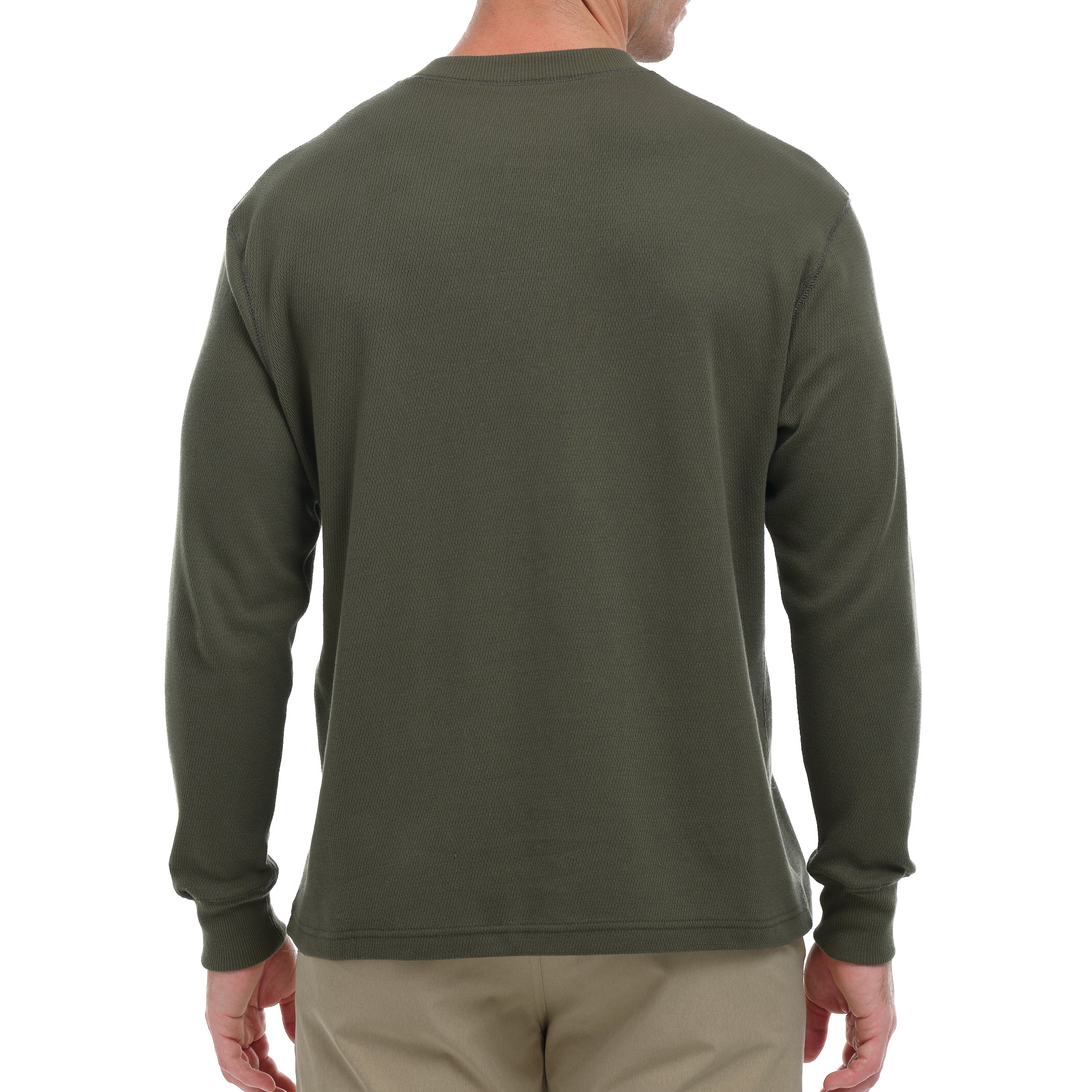 Green long-sleeve shirt worn by a person on a white background