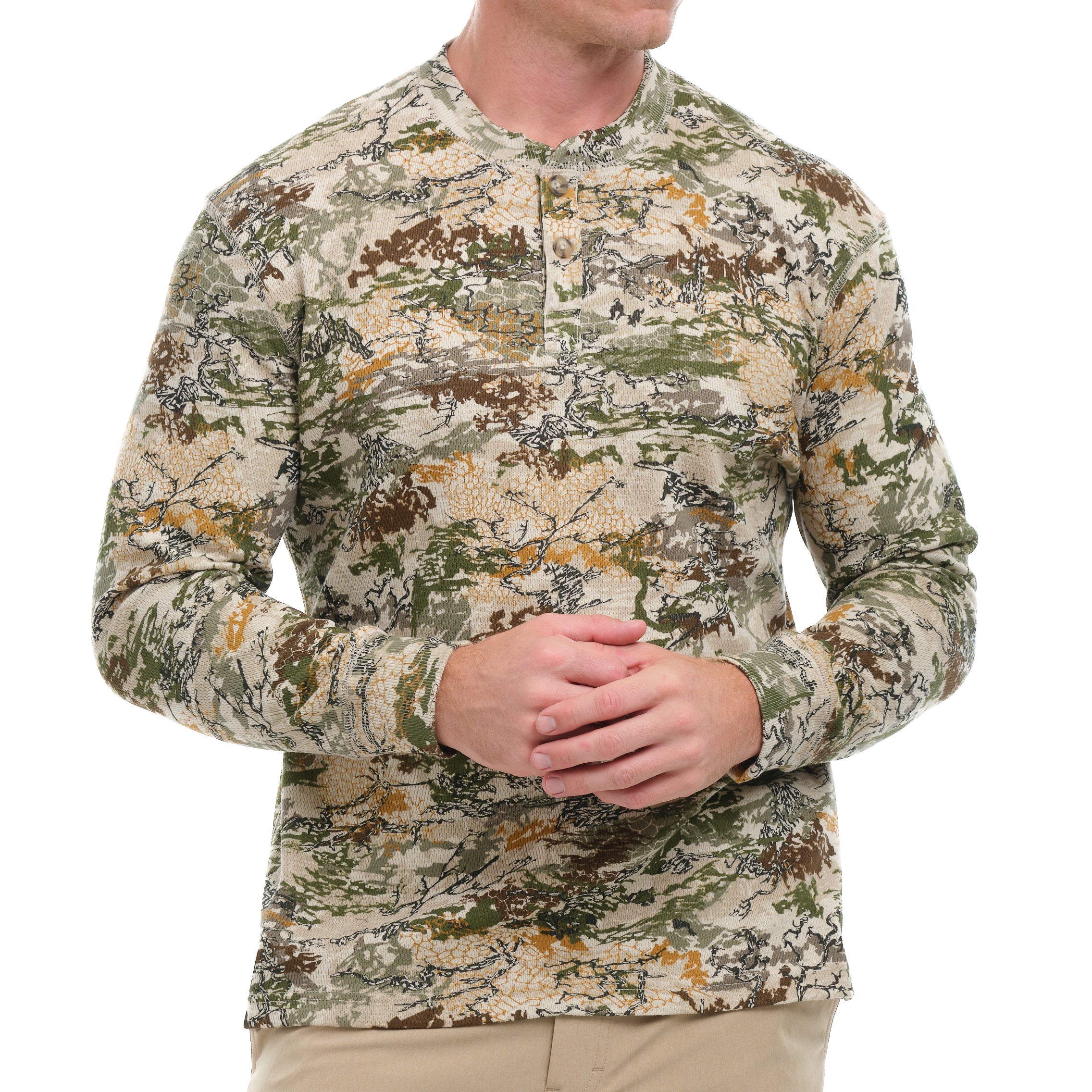 Person wearing a camouflage long-sleeve shirt on a white background