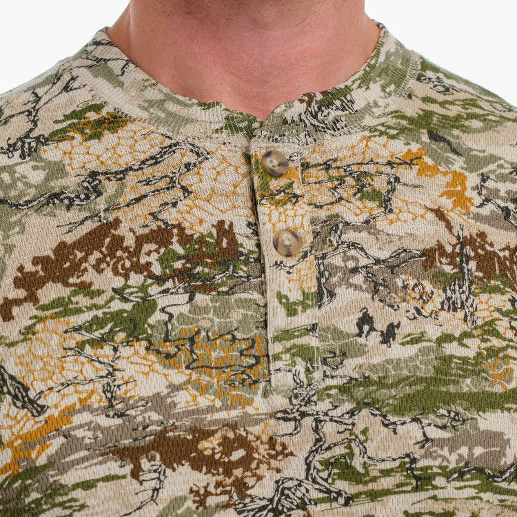 Close-up of a camouflage-patterned shirt with button details