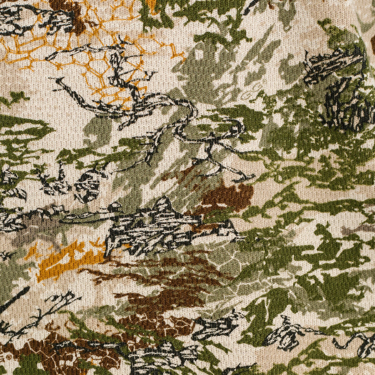 Close-up of a camouflage pattern with shades of green, brown, and beige.