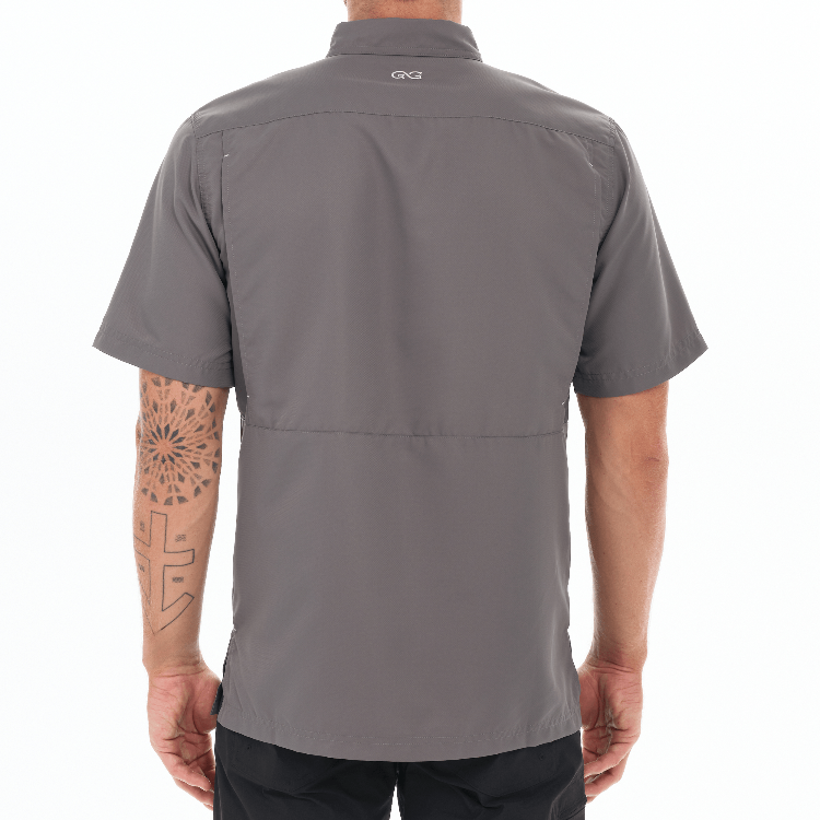 Gray short-sleeve shirt worn by a person on a white background