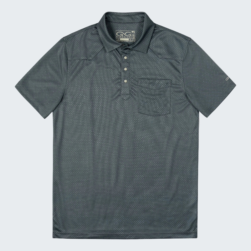 A dark gray short-sleeve polo shirt with a subtle micro-pattern, featuring a three-button placket and a chest pocket, shown against a plain white background.
