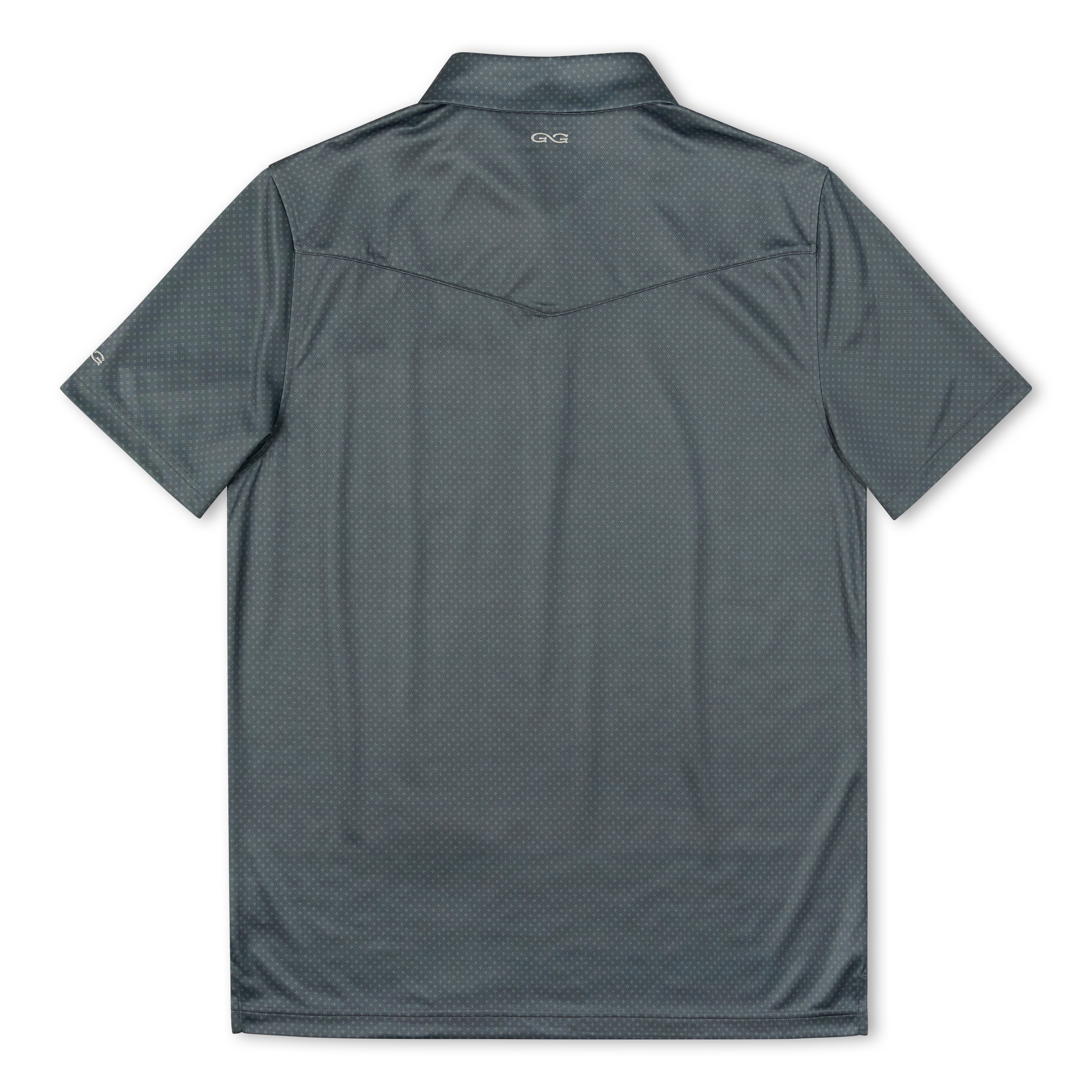 The back view of a dark gray short-sleeve polo shirt with a subtle textured pattern, featuring a small white GCI logo printed inside the collar.