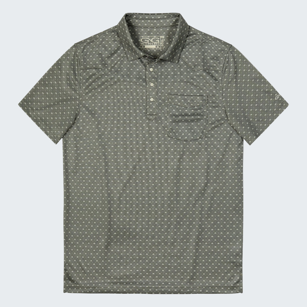 A short-sleeve polo shirt in a dark olive green color with a small white geometric pattern, featuring a two-button placket and a chest pocket.