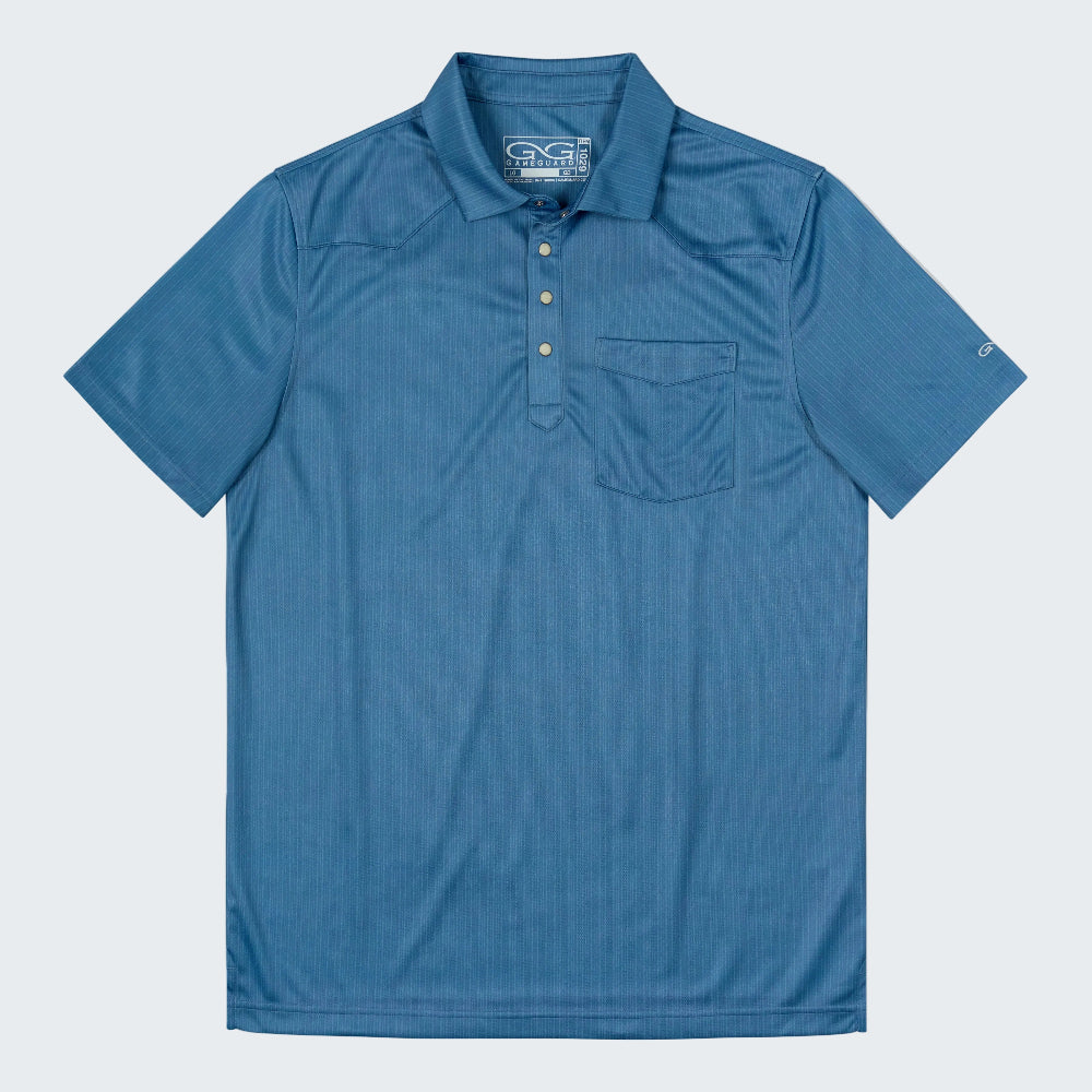 A blue short-sleeve polo shirt with a three-button placket and a chest pocket, shown flat against a white background.