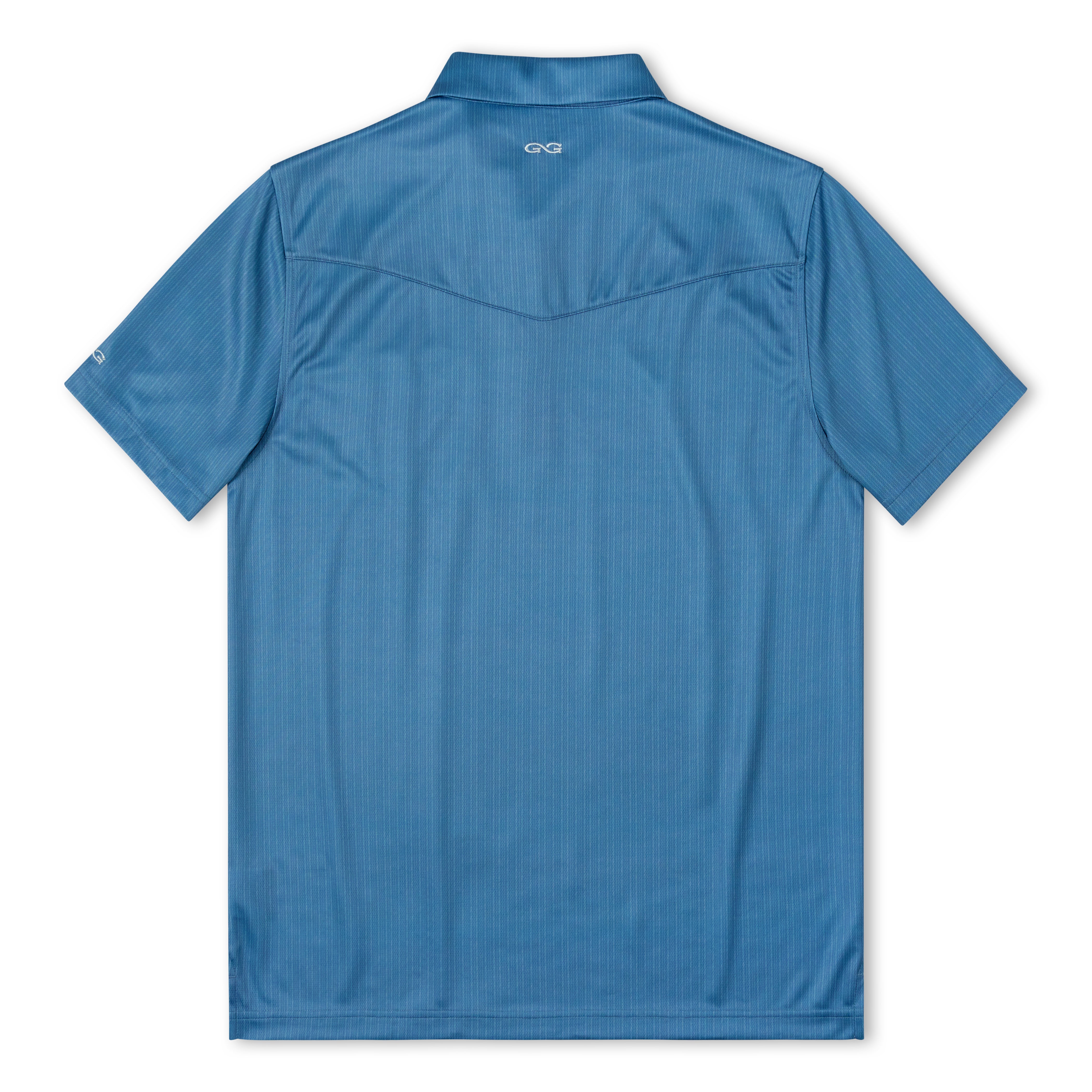 The back view of a blue short-sleeve collared shirt with a subtle vertical textured stripe pattern and a small white GGI logo printed on the inside of the collar, shown against a plain white background.