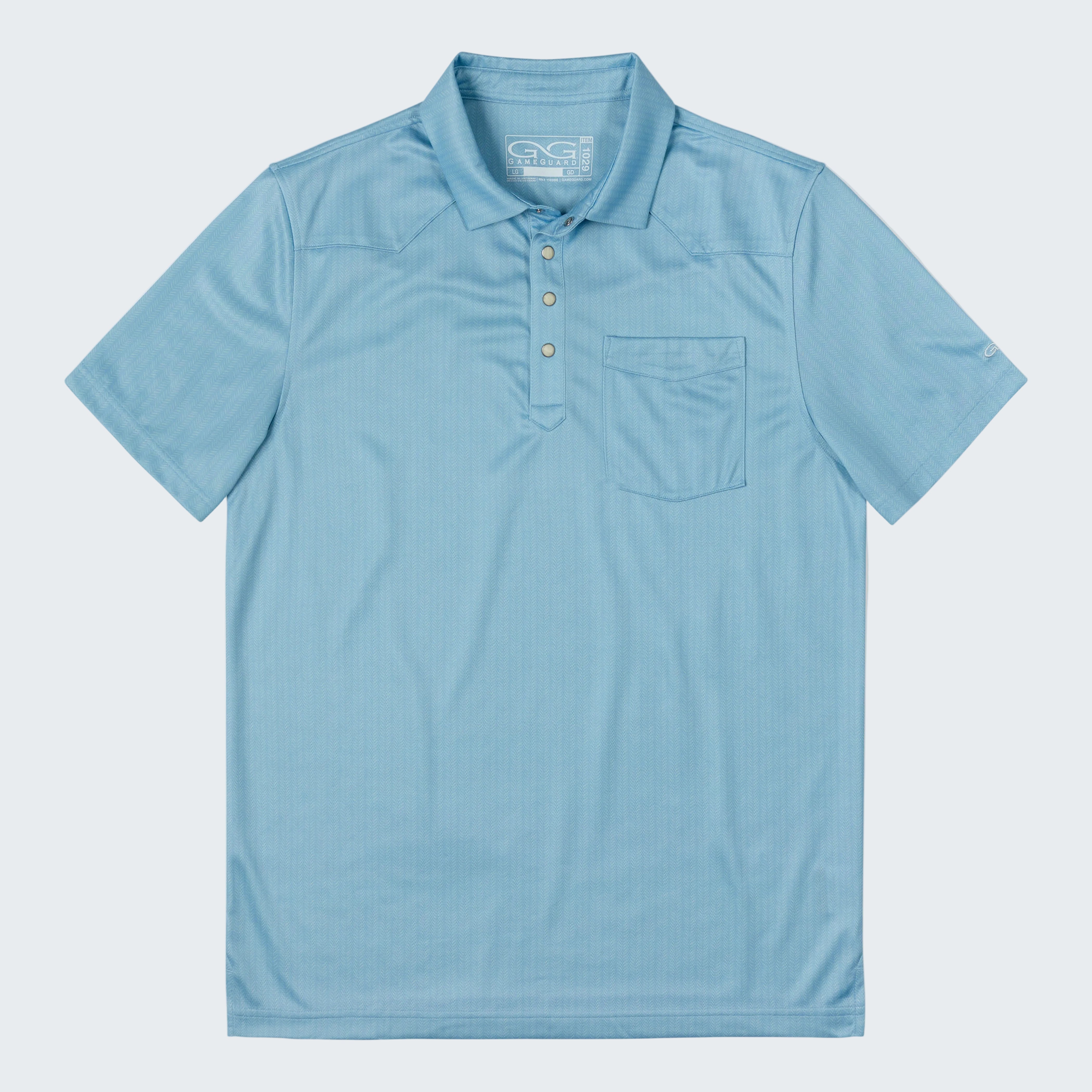 A light blue short-sleeve polo shirt with a three-button placket and a chest pocket, laid flat against a white background.