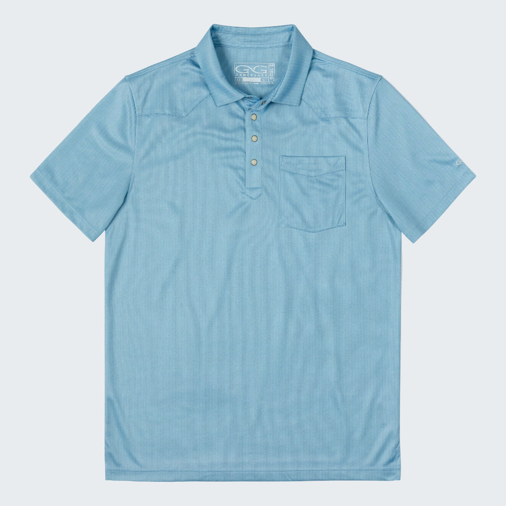 A light blue short-sleeve polo shirt with a three-button placket and a chest pocket, laid flat against a white background.