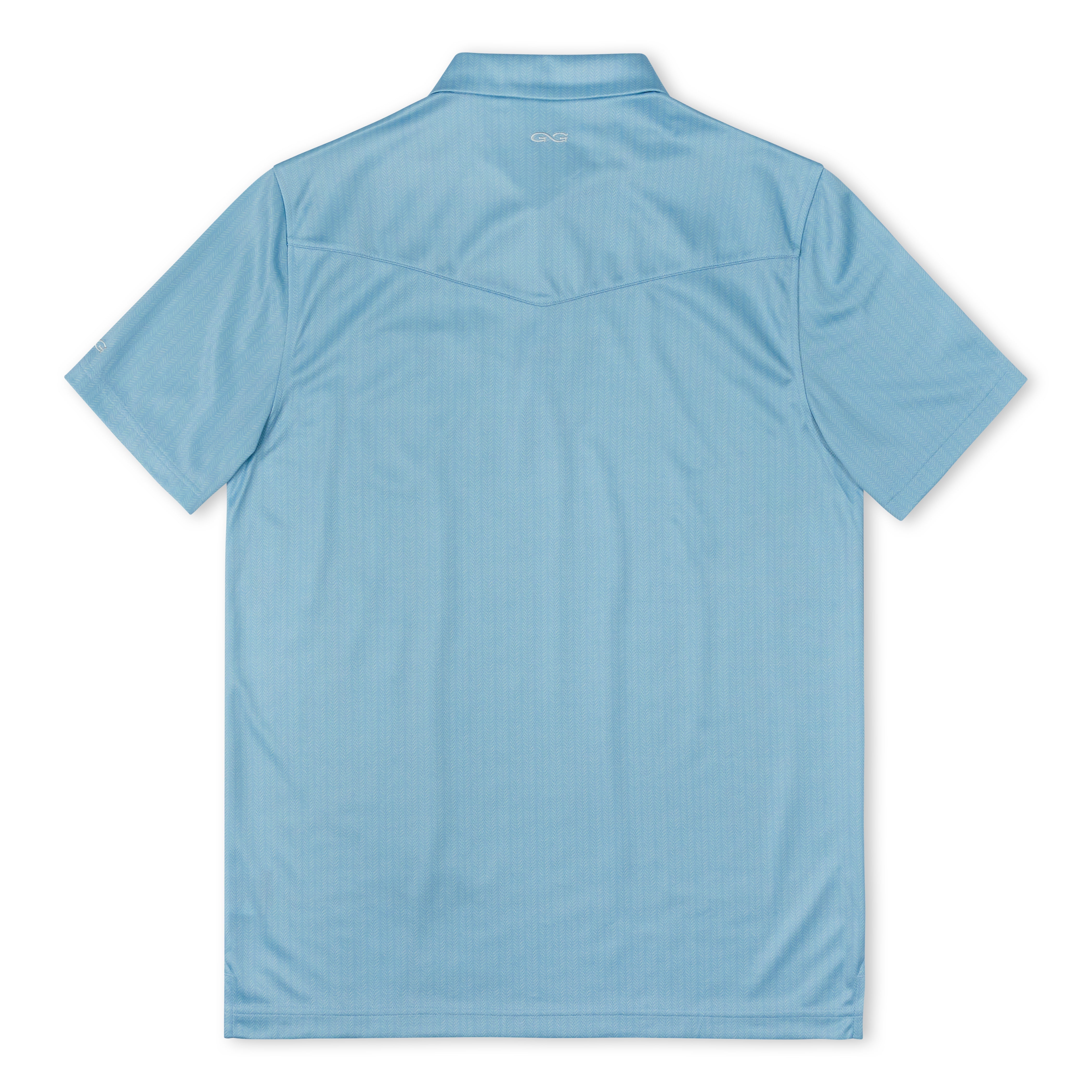 A light blue short-sleeve athletic polo shirt shown from the back, laid flat against a white background.