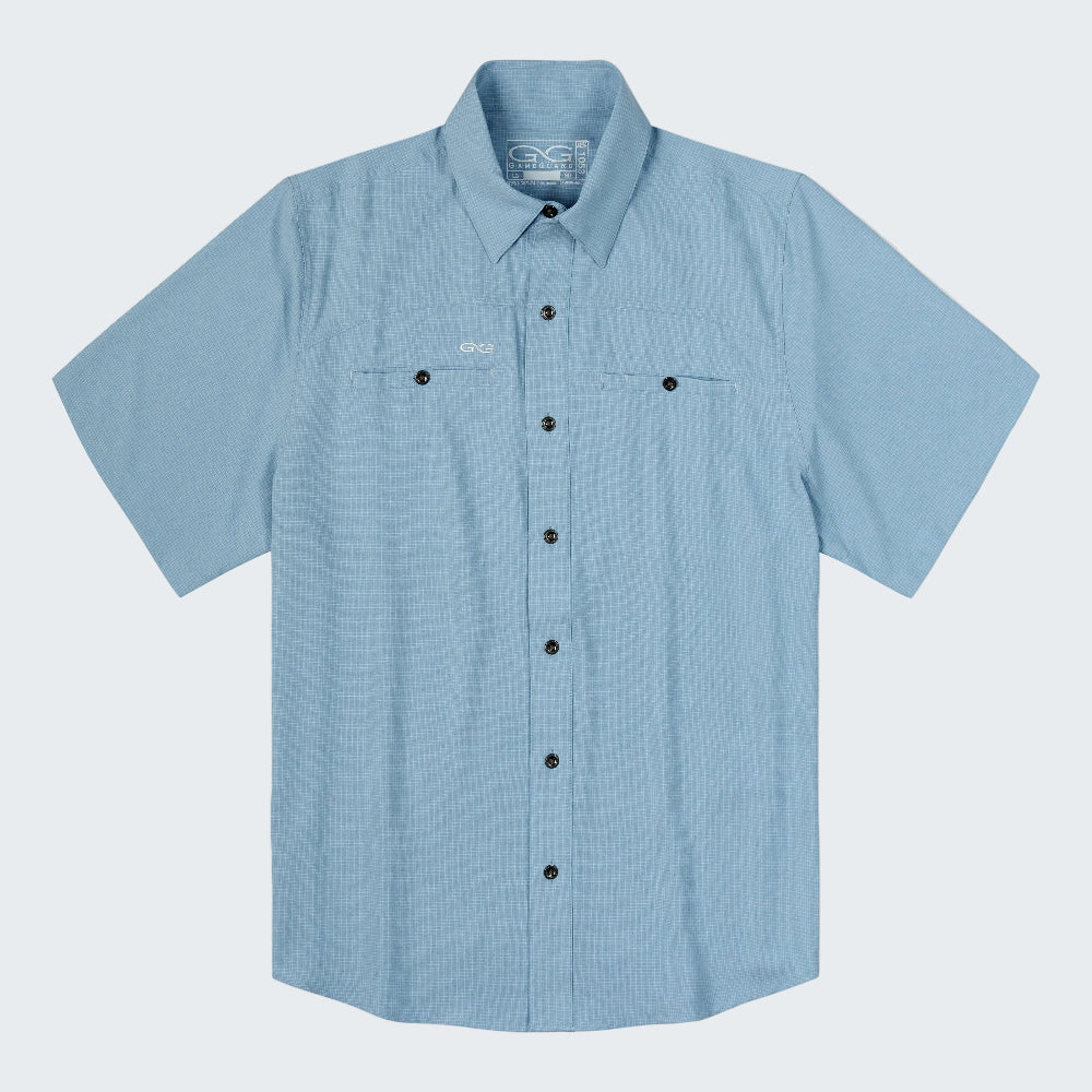 A light blue short-sleeve button-up shirt with two chest pockets and a small embroidered logo on the left chest, displayed flat against a white background.