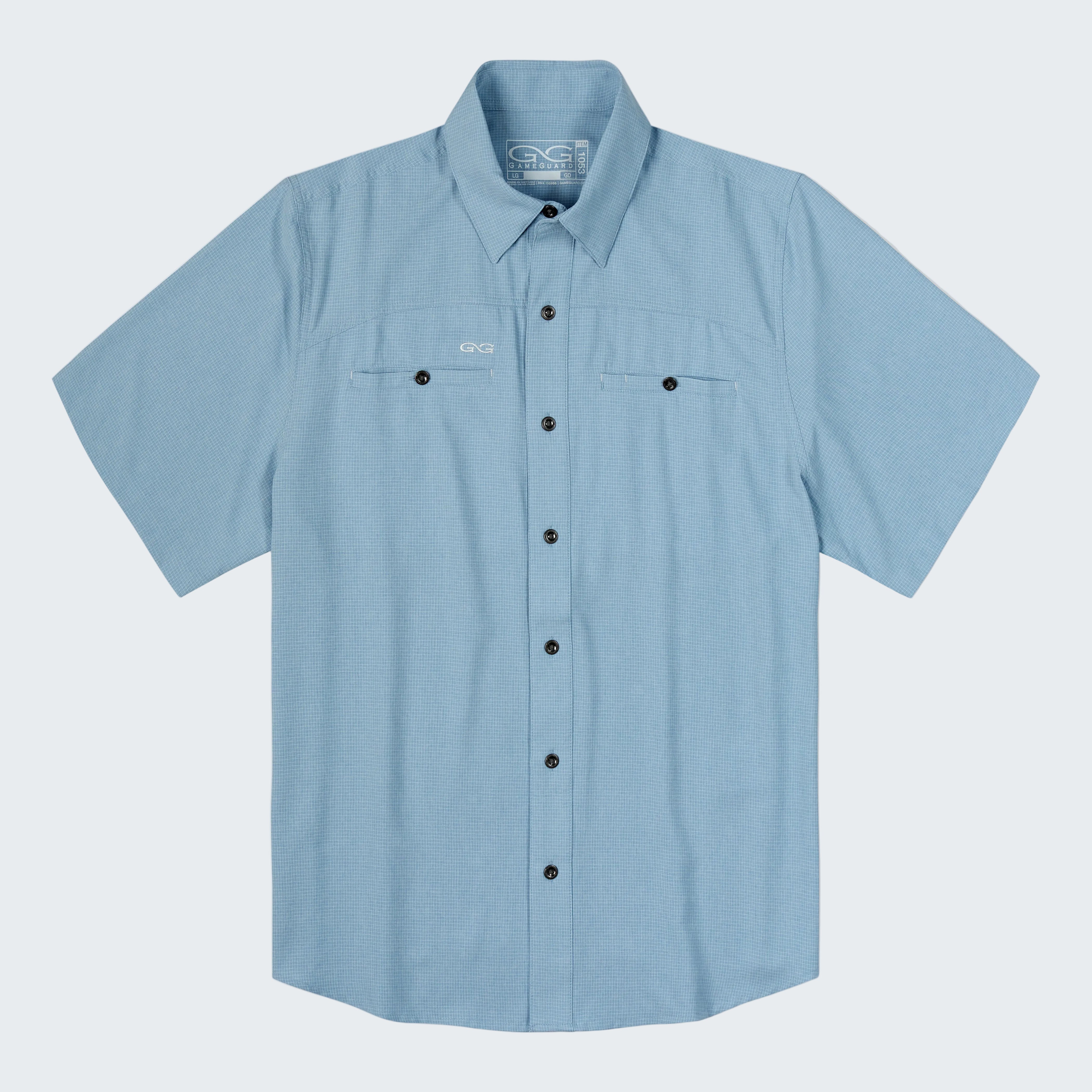 A light blue short-sleeve button-up shirt with two chest pockets and a small embroidered logo on the left chest, displayed flat against a white background.