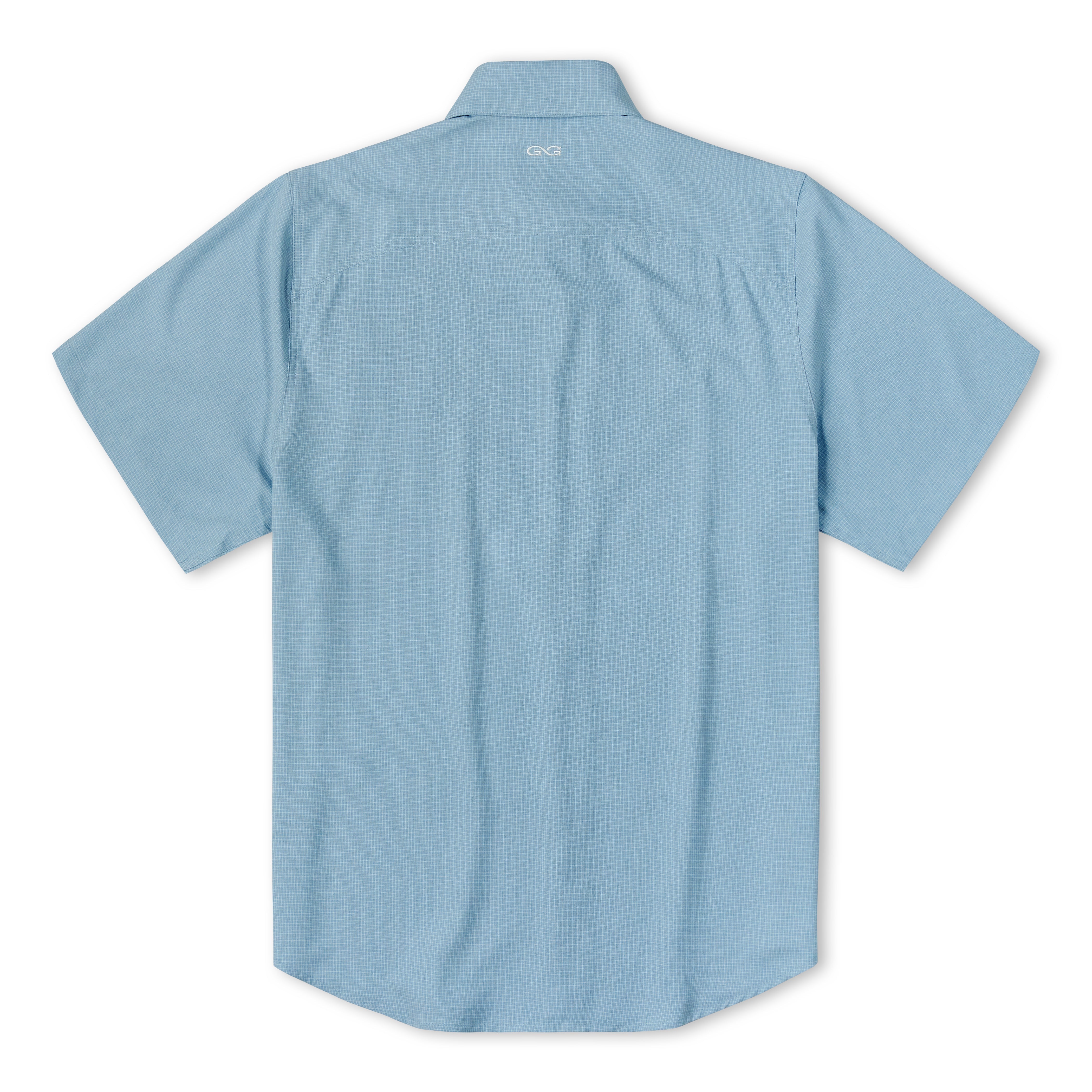 A light blue short-sleeve button-up shirt shown from the back, laid flat against a solid white background.