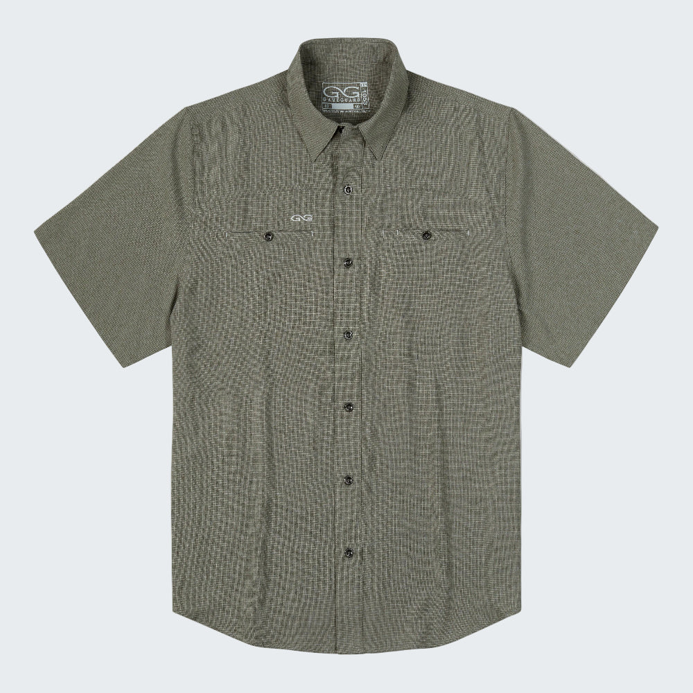 An olive green short-sleeve button-up shirt with two chest pockets, laid flat against a white background.
