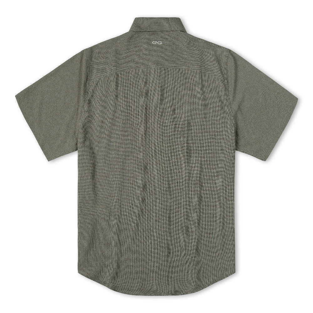 The back view of a short-sleeve button-down shirt in a textured olive green fabric, featuring a small white GNS logo printed on the inside neck collar, set against a plain white background.