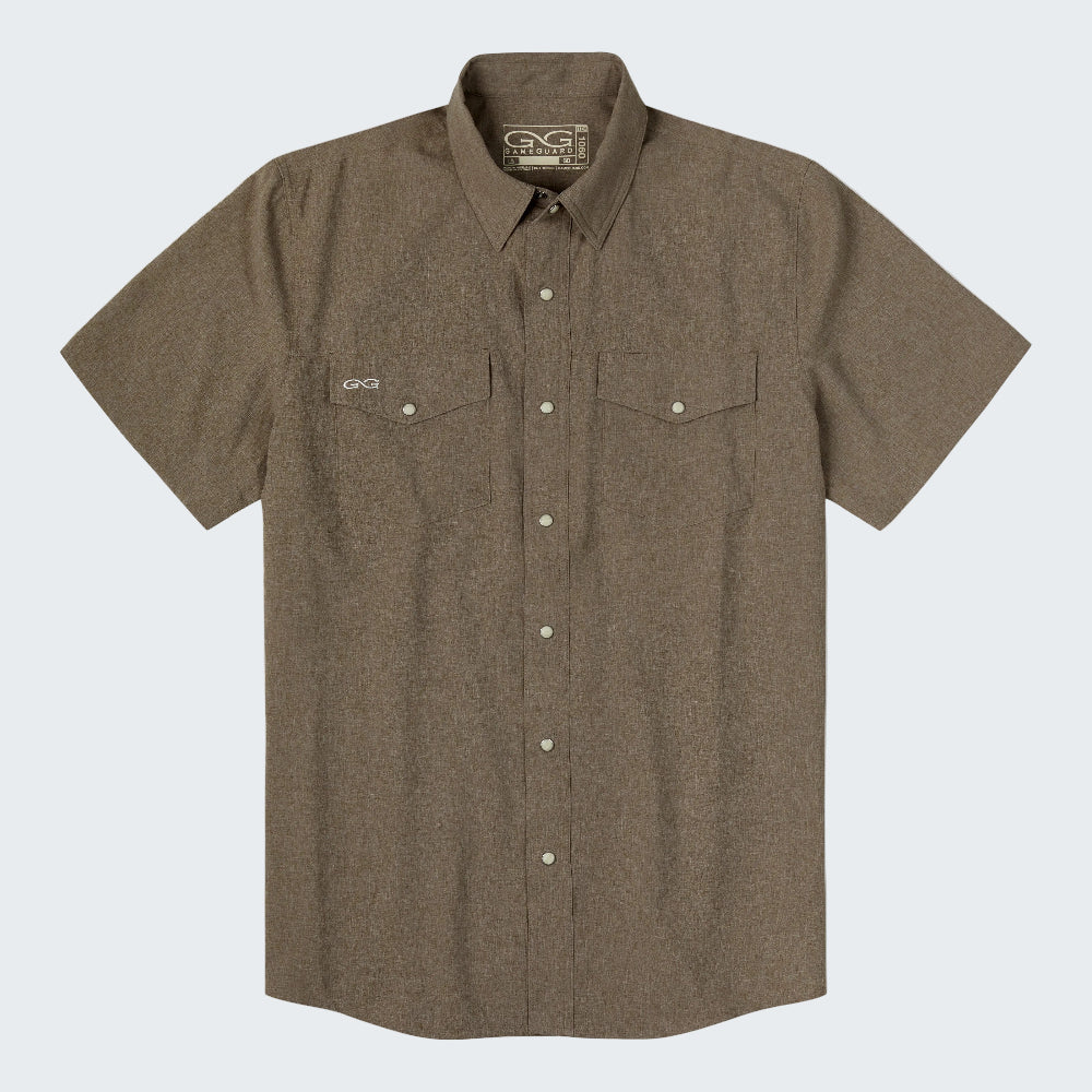 A short-sleeve button-up shirt in a textured brown fabric, featuring two buttoned chest pockets and a pointed collar, shown flat on a white background.