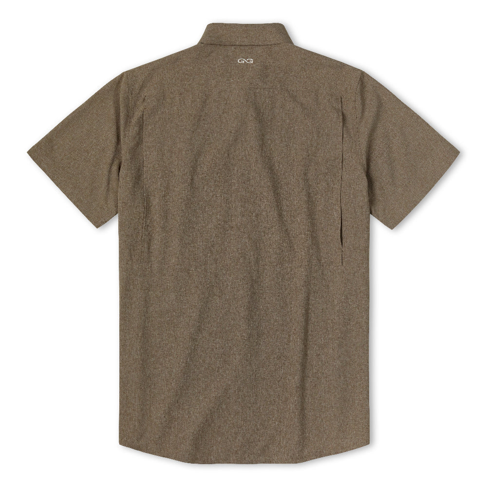 A short-sleeve button-up shirt in a muted taupe-brown color, shown from the back on a plain white background.