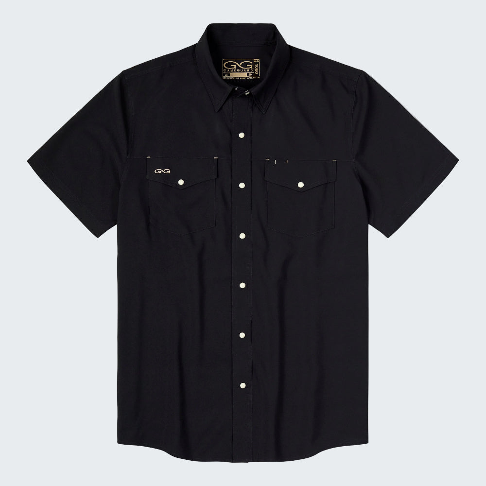 A black short-sleeve button-up shirt with two chest pockets and white buttons, shown flat against a white background.