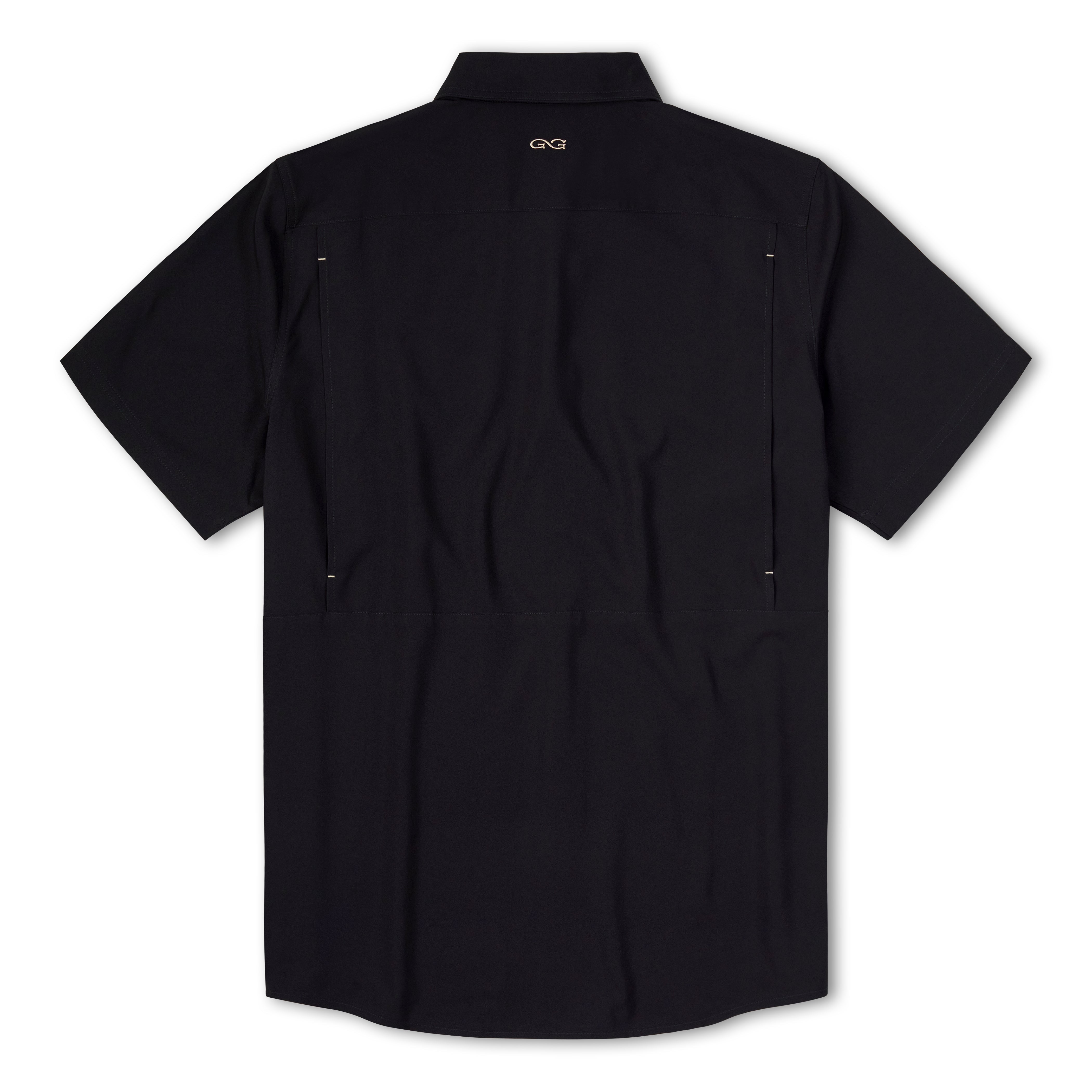 A black short-sleeve button-up shirt shown from the back, featuring a small gold 'GCI' logo printed on the upper back collar, displayed against a clean white background.