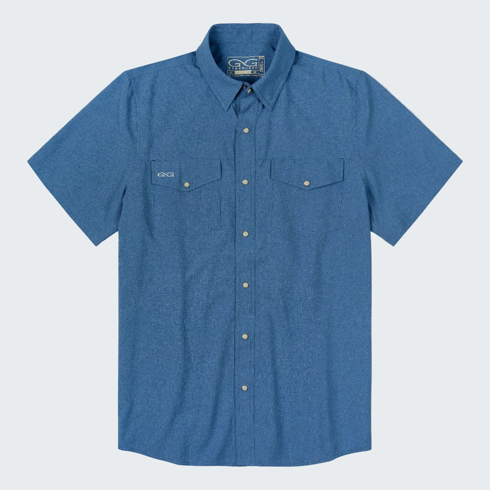 A blue short-sleeve button-up shirt with two chest pockets and a visible G-1000 logo on the left chest pocket, displayed flat against a white background.