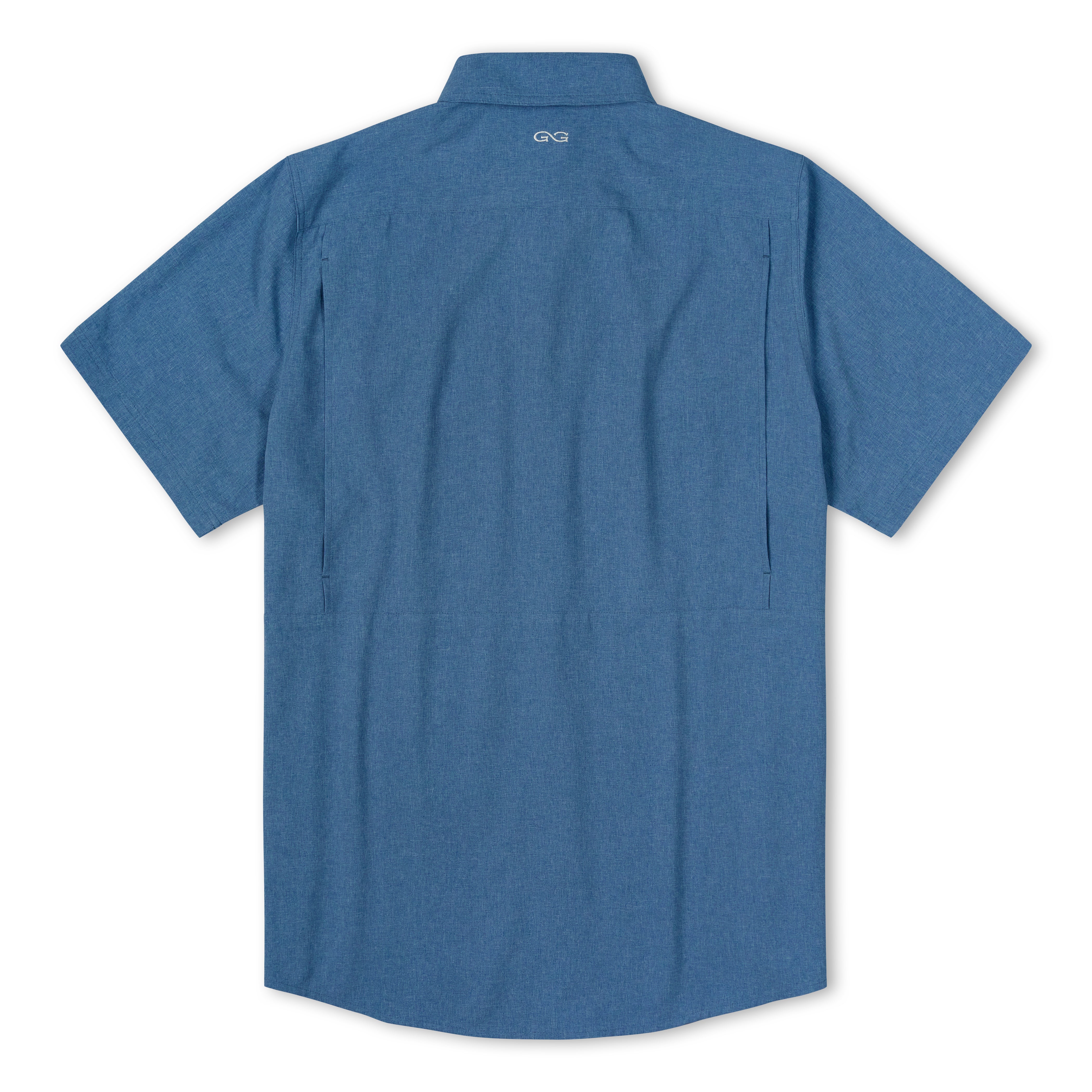 A blue short-sleeve button-up shirt shown from the back, featuring a collar, vertical pleats on the sides, and a small white logo near the top center, displayed on a clean white background.