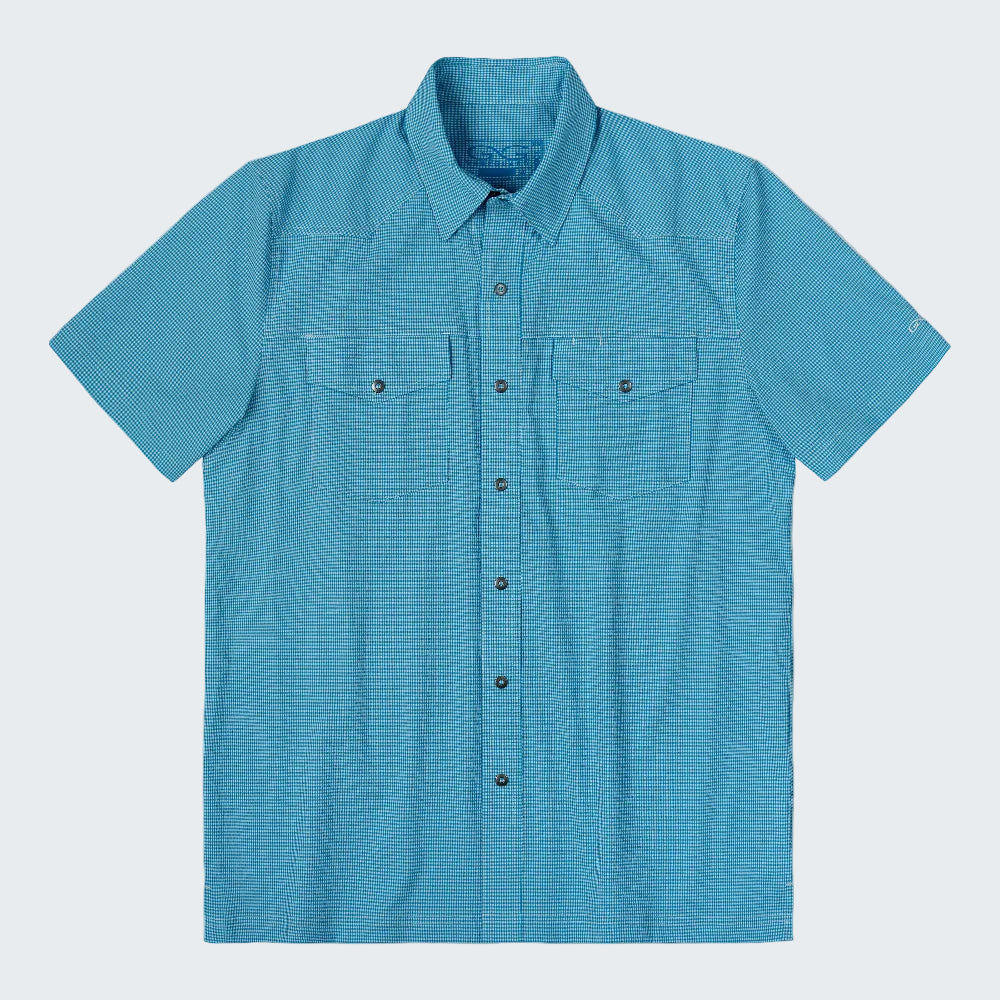 A short-sleeve button-up shirt in a textured blue and white micro-check pattern, featuring two chest flap pockets and dark buttons, displayed flat against a white background.