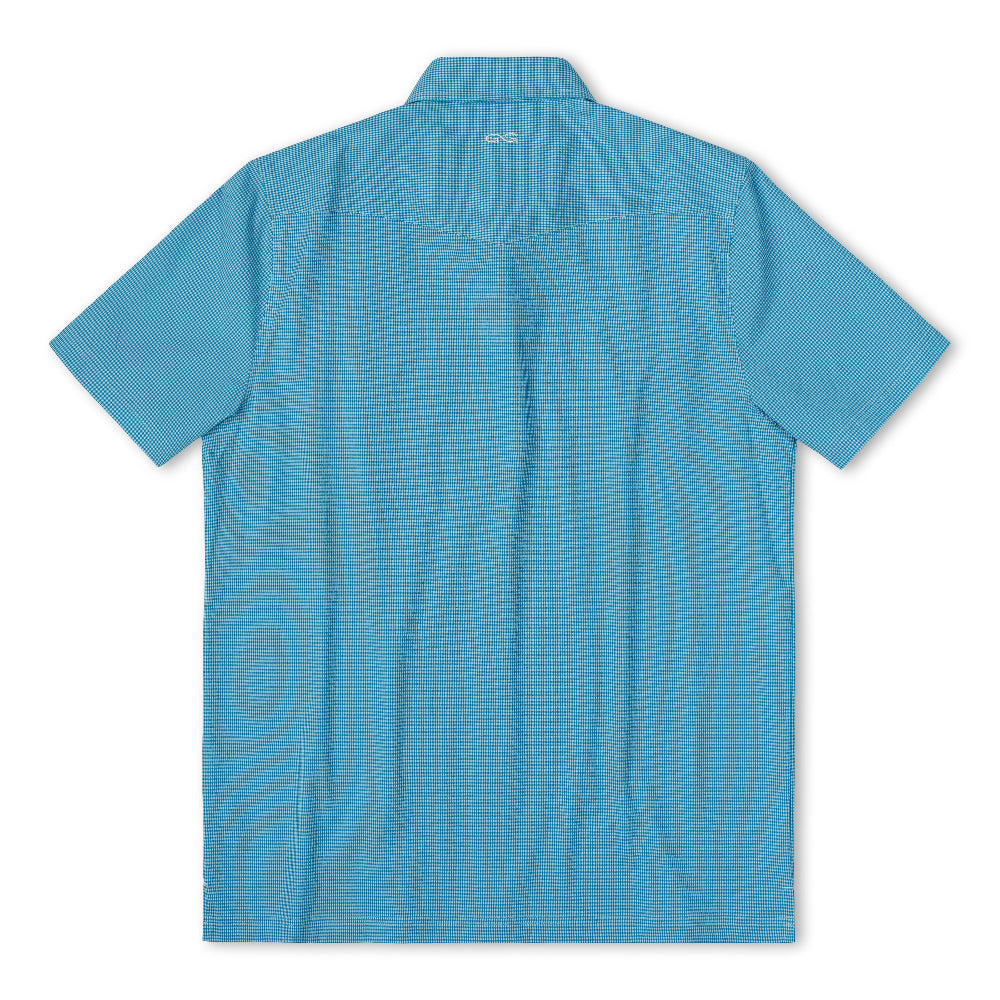 A short-sleeve button-up shirt shown from the back, featuring a subtle grid pattern in a bright turquoise blue color. The brand logo 'GG' is visible on the inner neck label.