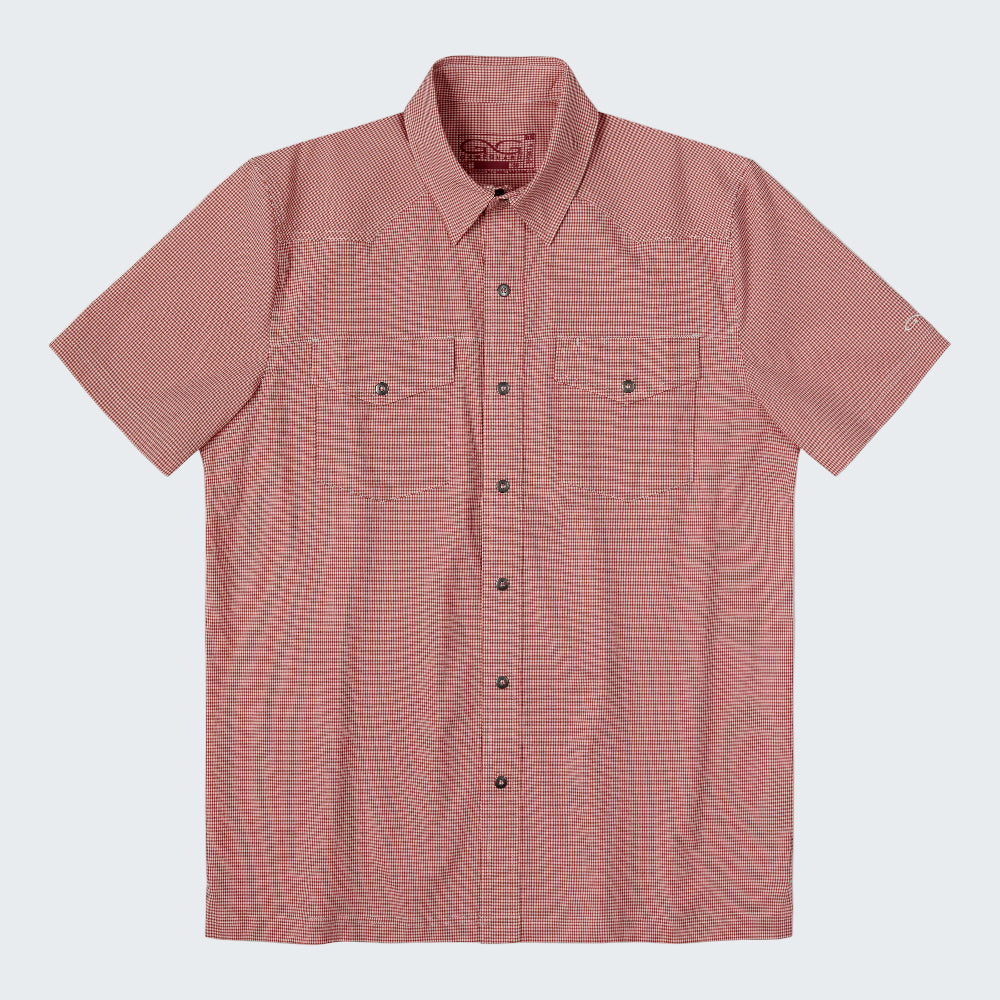 A short-sleeve button-up shirt in a dusty rose pink color with a subtle grid pattern, featuring two buttoned chest pockets and a pointed collar, shown flat on a white background.