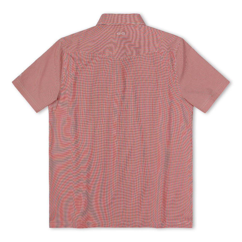 A short-sleeve button-up shirt shown from the back, featuring a subtle red and white micro-check pattern and a small embroidered logo at the center of the collar.