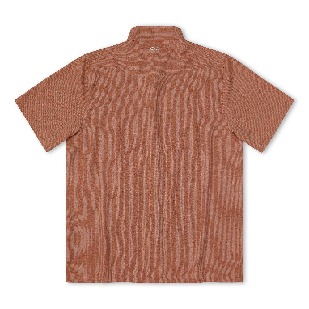A short-sleeve button-up shirt in a heathered terracotta or rust color, shown from the back on a clean white background.