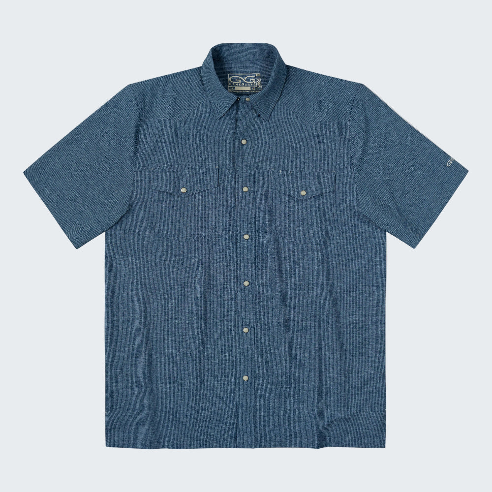 A short-sleeve button-up shirt in a heathered slate blue fabric, featuring two buttoned chest pockets and a pointed collar, shown flat against a white background.